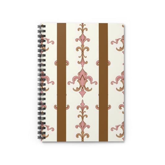 Elegant Floral Spiral Notebook - Ruled Lines, Journaling, Note Taking, Gift, Stationery, School Supplies - Brown Striped Pink Arabesque