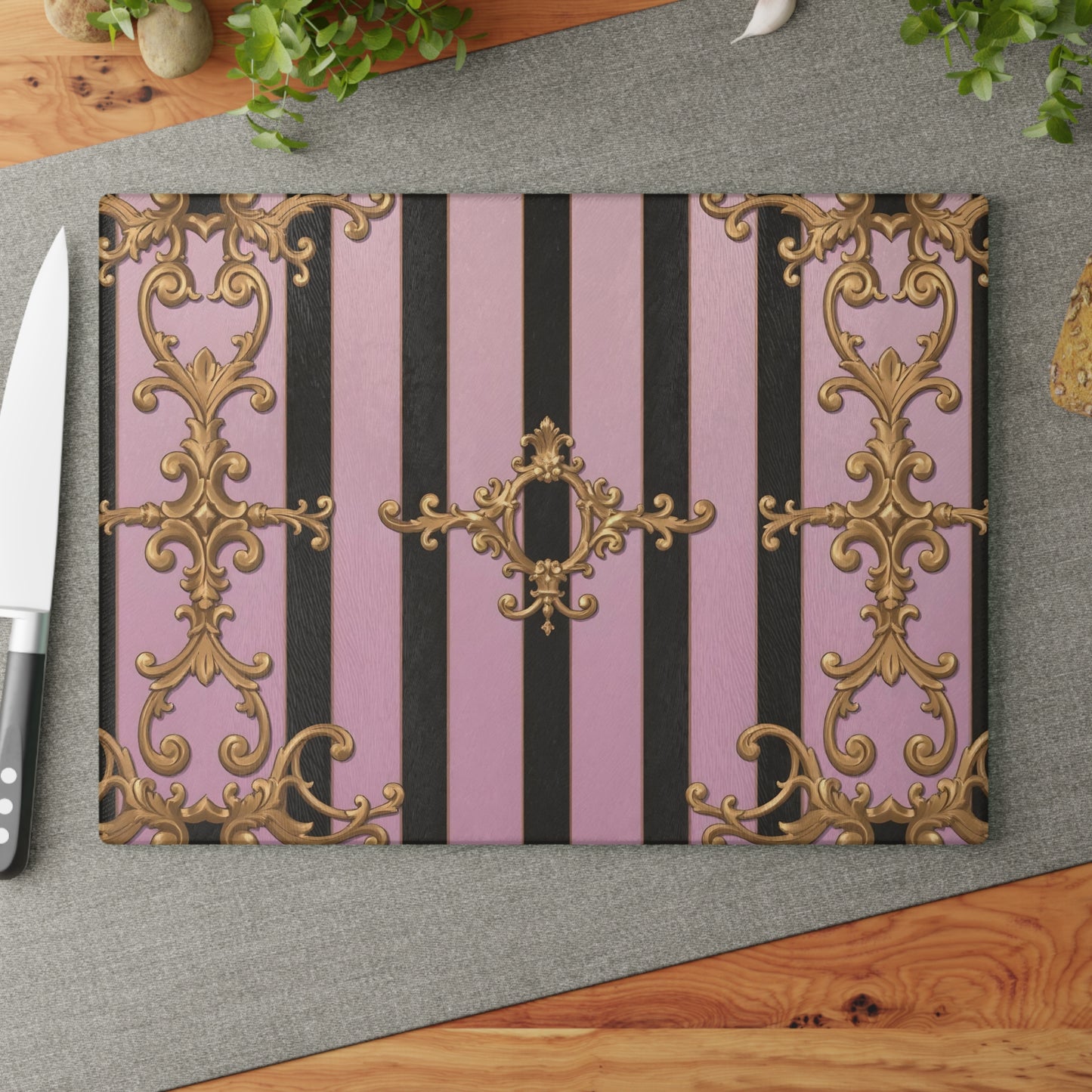 Luxurious Glass Cutting Board, Elegant Kitchen Decor, Wedding Gift, Cooking Accessory - Matte Lavender & Black Striped Gold Baroque