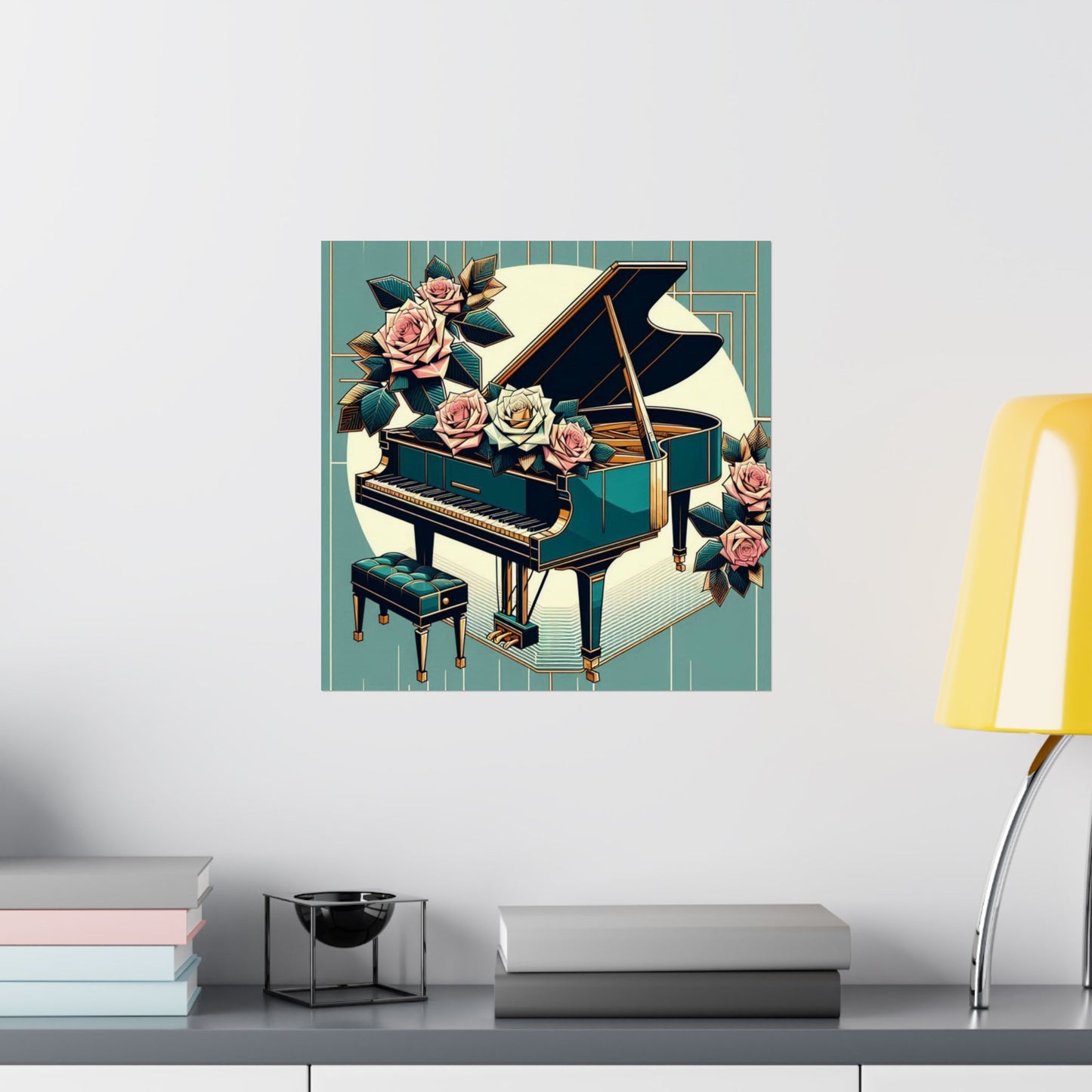 Vertical Poster - Teal Grand Piano & Roses Design