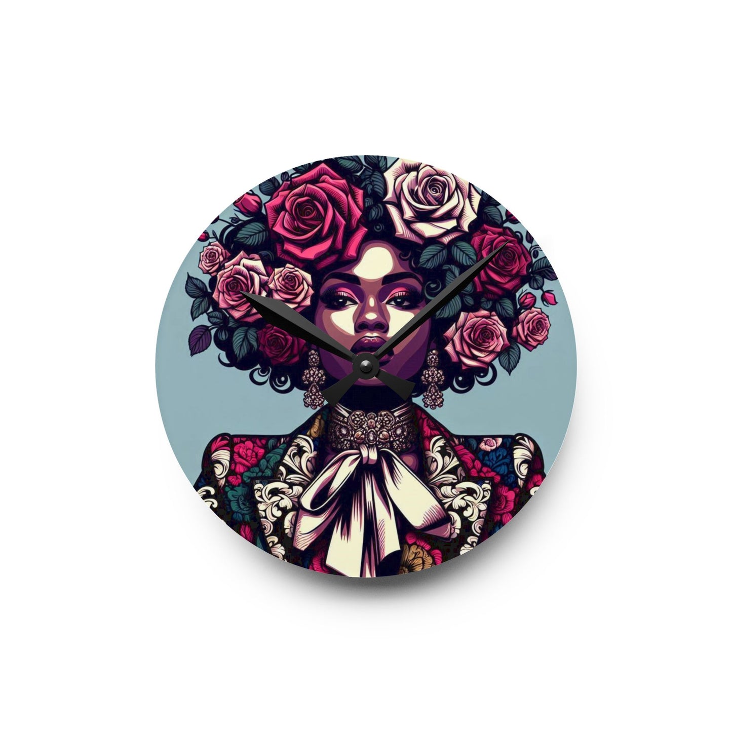 Bohemian Afro-Inspired Acrylic Wall Clock with Floral Design - Lady In Damask Suit & Roses Design