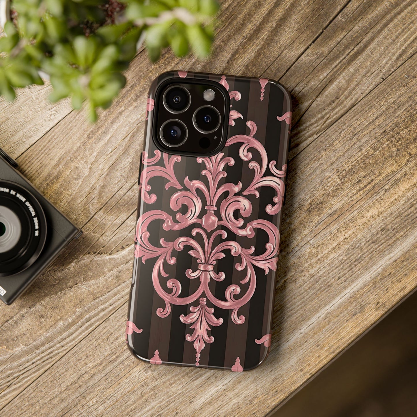 Elegant Floral Motif Phone Case - Tough Cases with Vintage Design - Brown Striped Mauve Damask