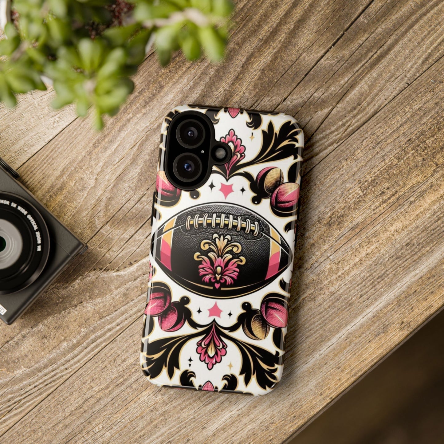 Elegant Floral Motif Phone Case - Tough Cases with Vintage Design - Damask White, Pink Gold & Black Football