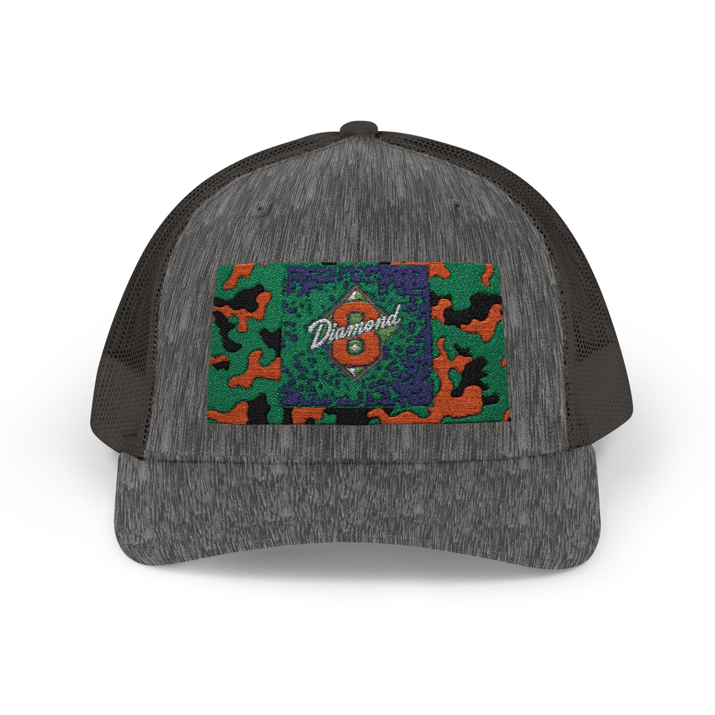 Colorful Camouflage Snapback Trucker Cap, Casual Hat, Outdoor Gear, Unisex Headwear, Gift for Him/Her - Green & Orange Camo Diamond 8
