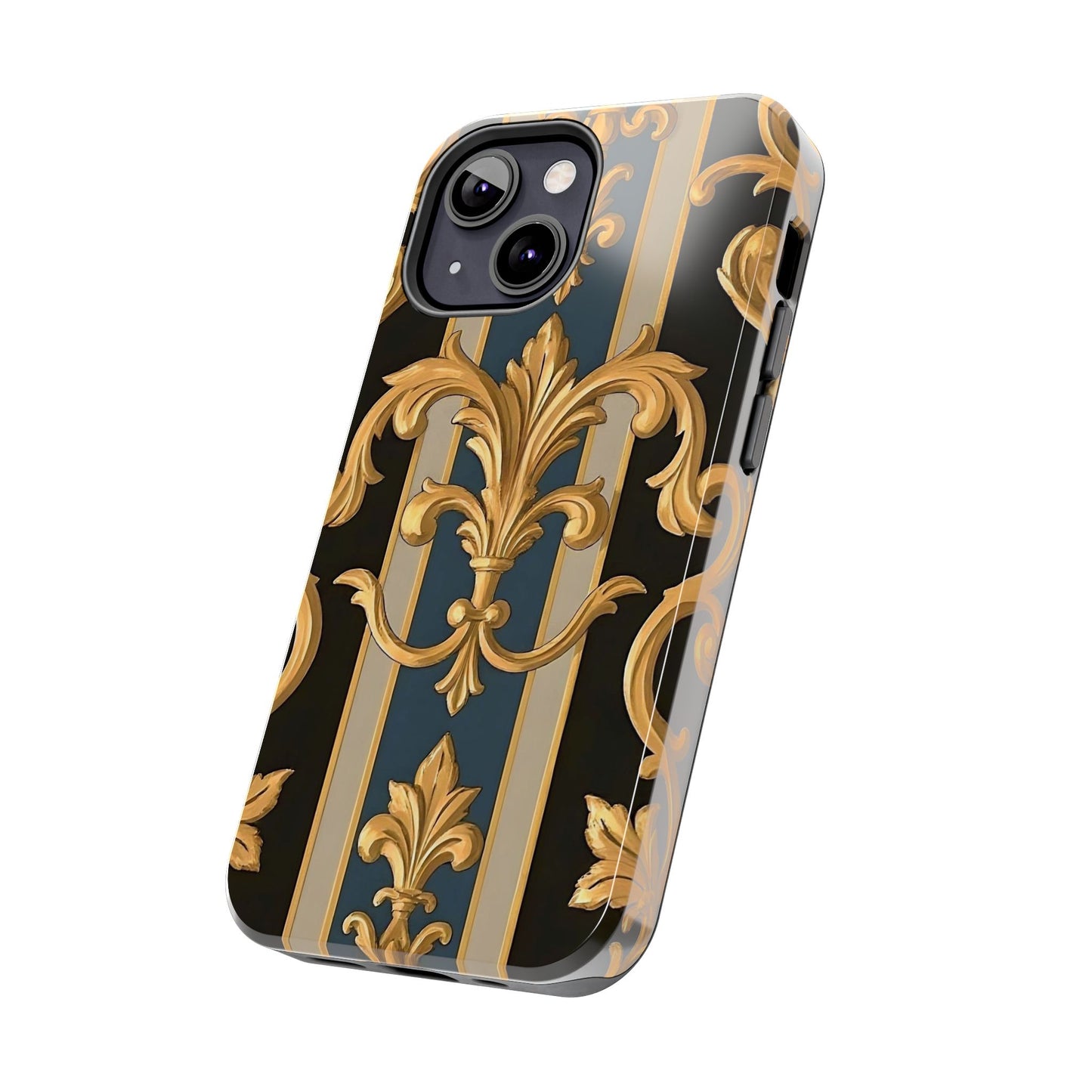 Elegant Rococo Phone Cases, Tough iPhone Case, Floral Design Case, Luxury Phone Cover - Blue & Black Striped Rococo