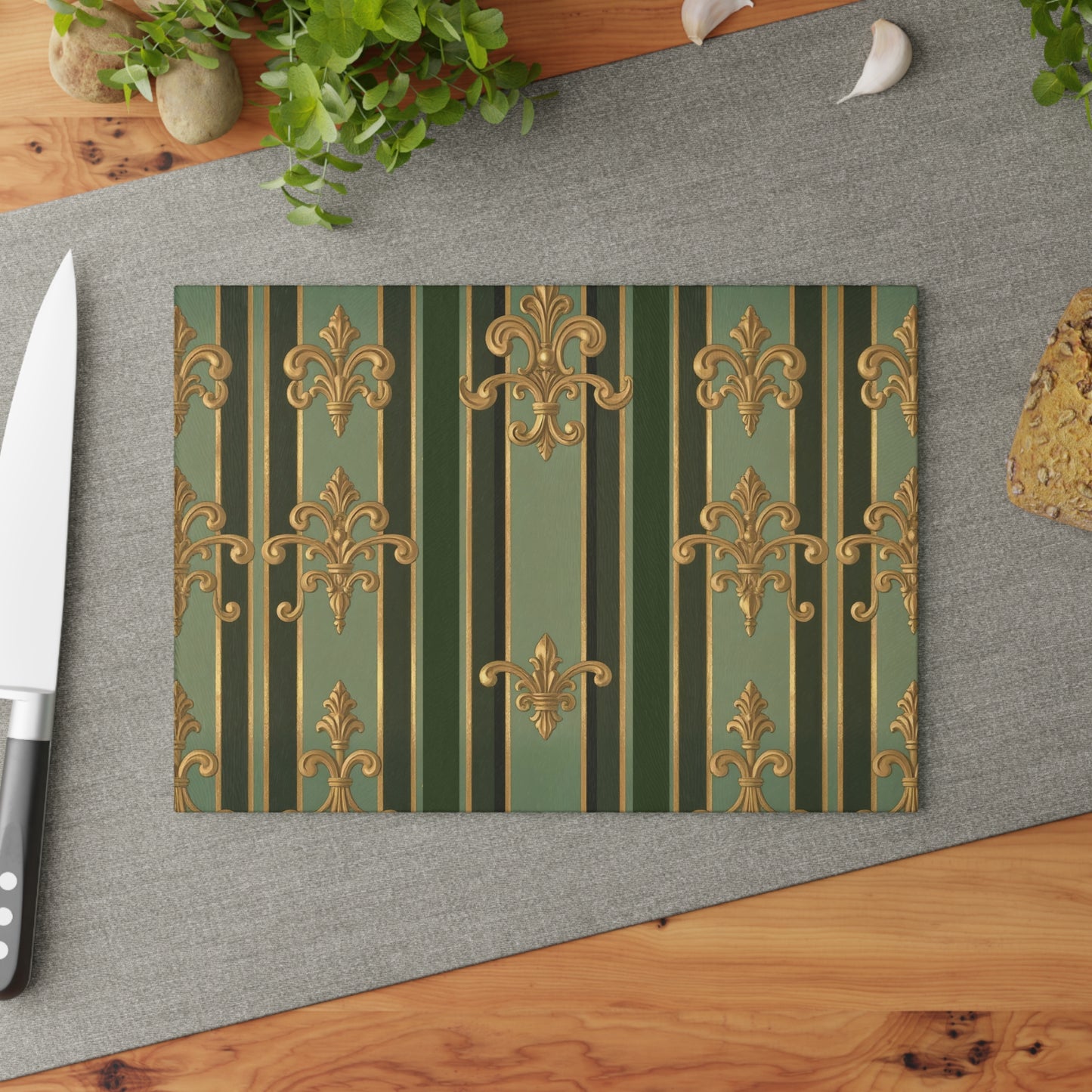 Elegant Glass Cutting Board with Fleur de Lis Design, Kitchen Decor, Wedding Gift, Housewarming Gift, Culinary Art - Green Striped Gold Baroque