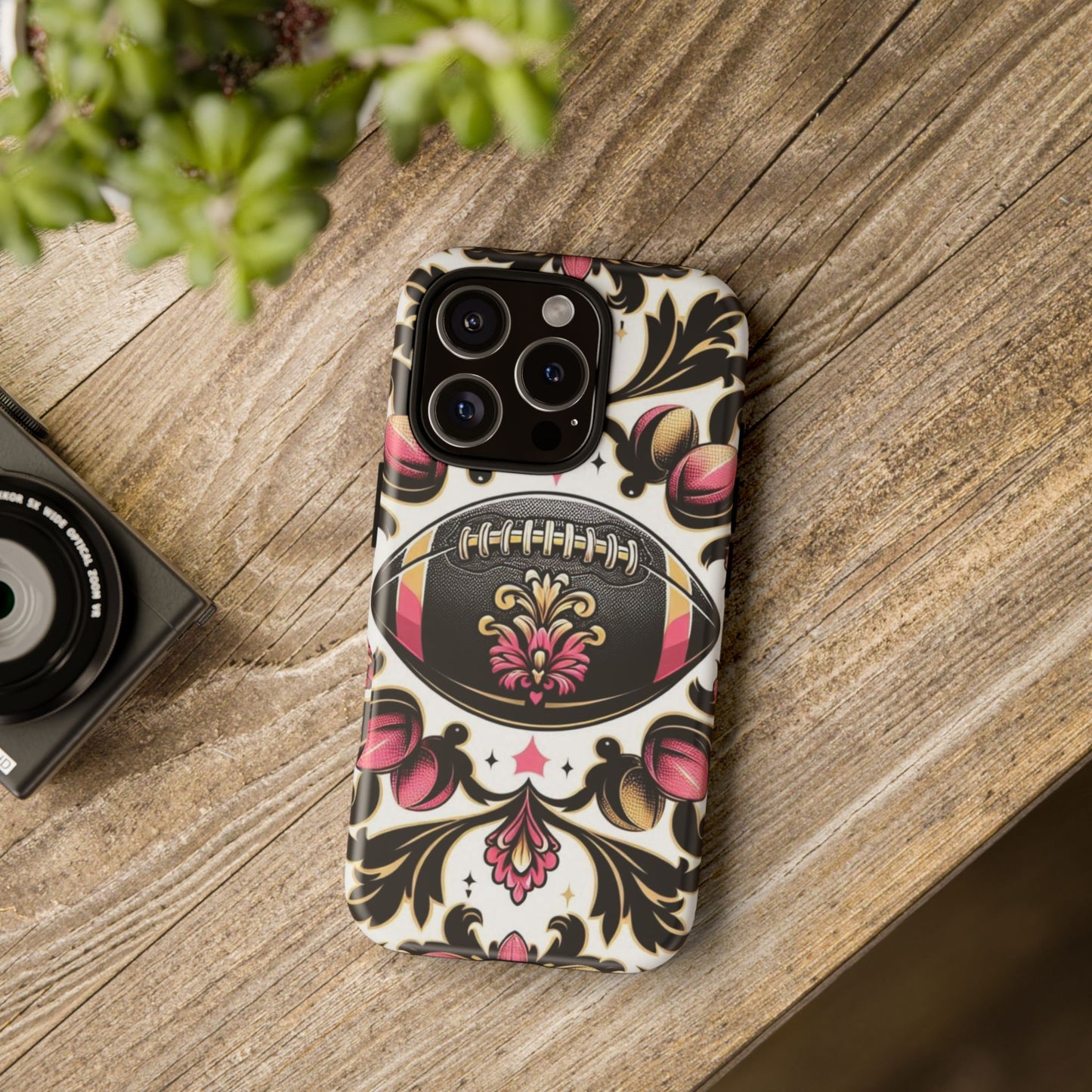 Elegant Floral Motif Phone Case - Tough Cases with Vintage Design - Damask White, Pink Gold & Black Football