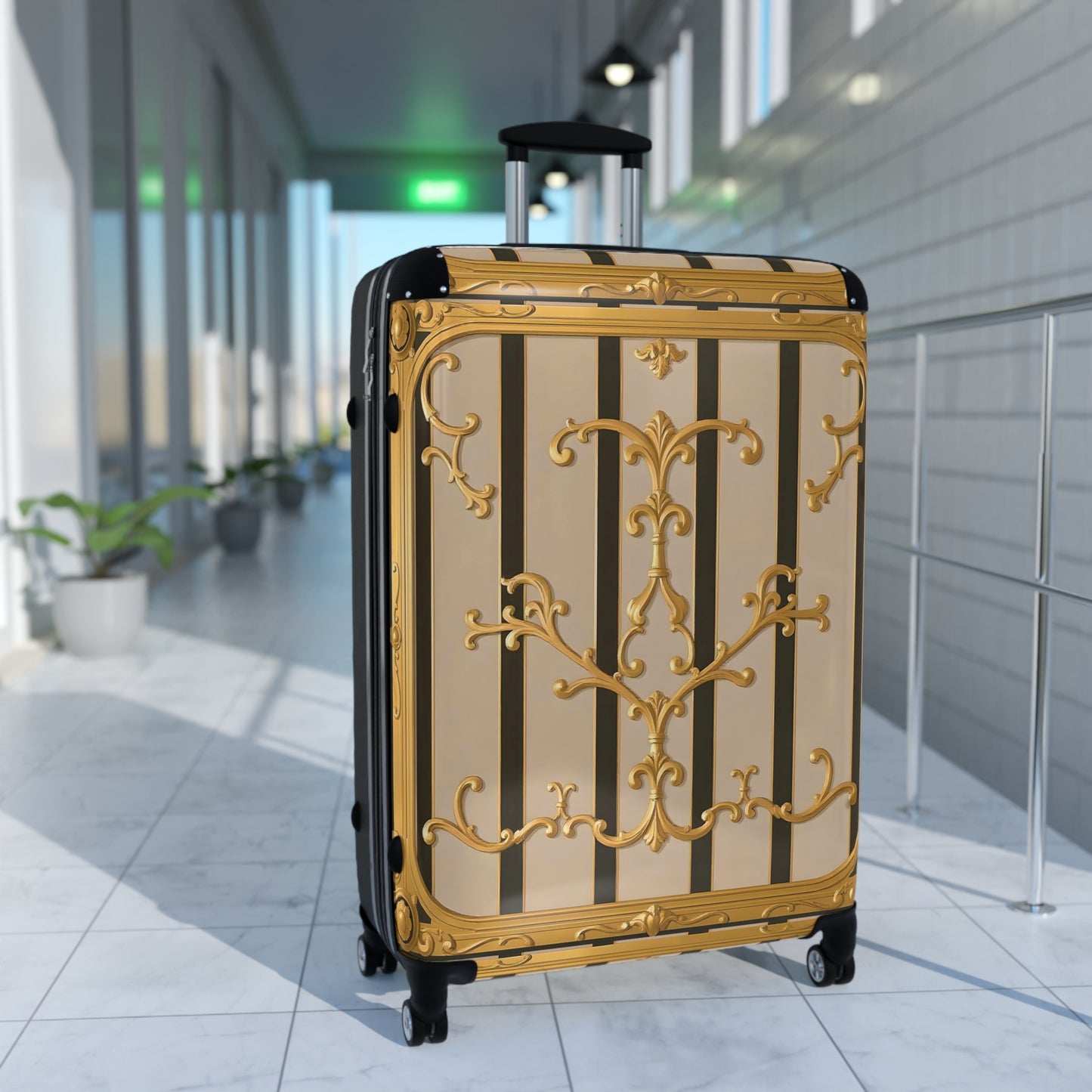 Elegant Travel Suitcase with Vintage Design, Stylish Luggage for Adventurers, Holiday Travel Gear - Beige Striped Gold Rococo