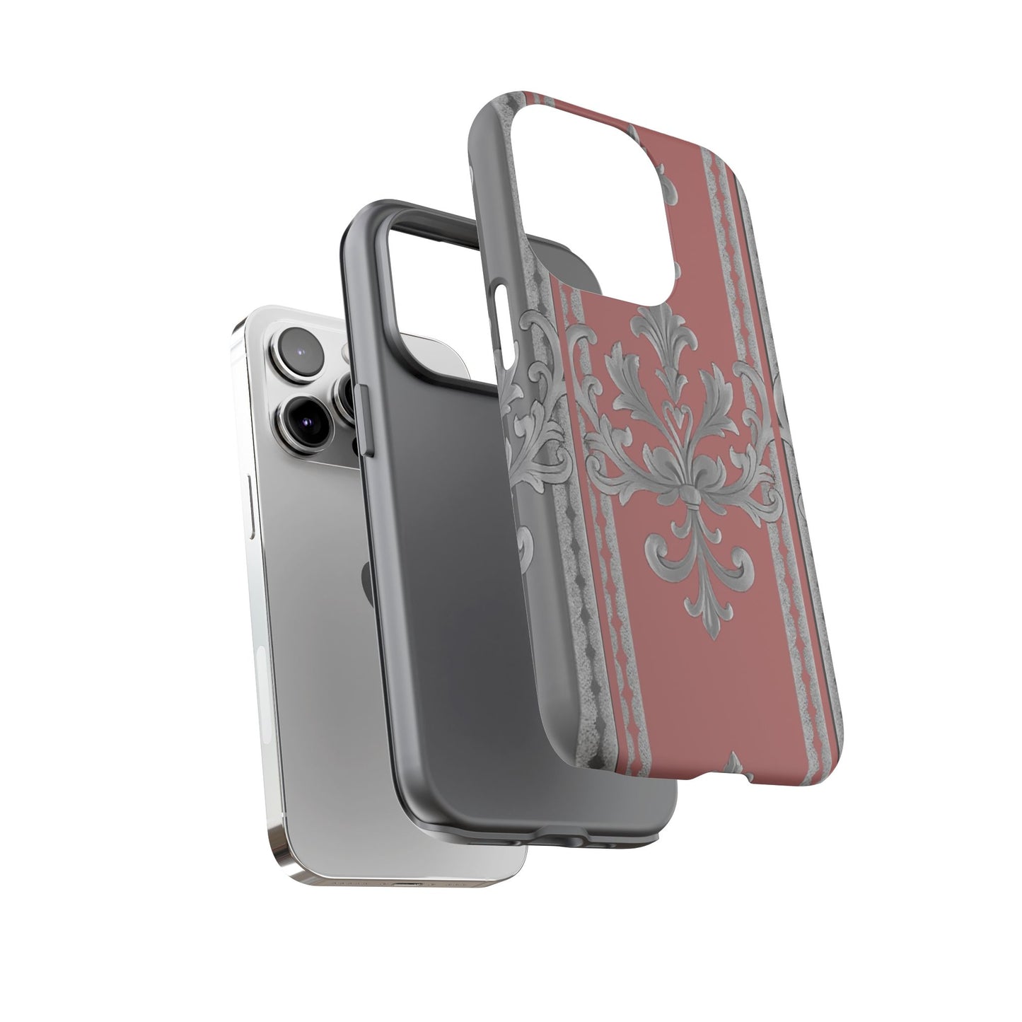 Elegant Floral Phone Case - Tough Cases for Stylish Protection - Gray & Mauve Striped Baroque