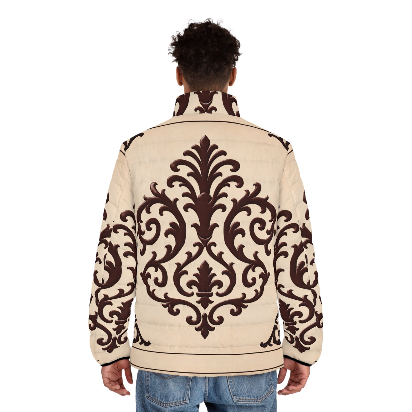 Almond-Beige & Brown Baroque Men's Baroque Pattern Puffer Jacket —Baroque Design