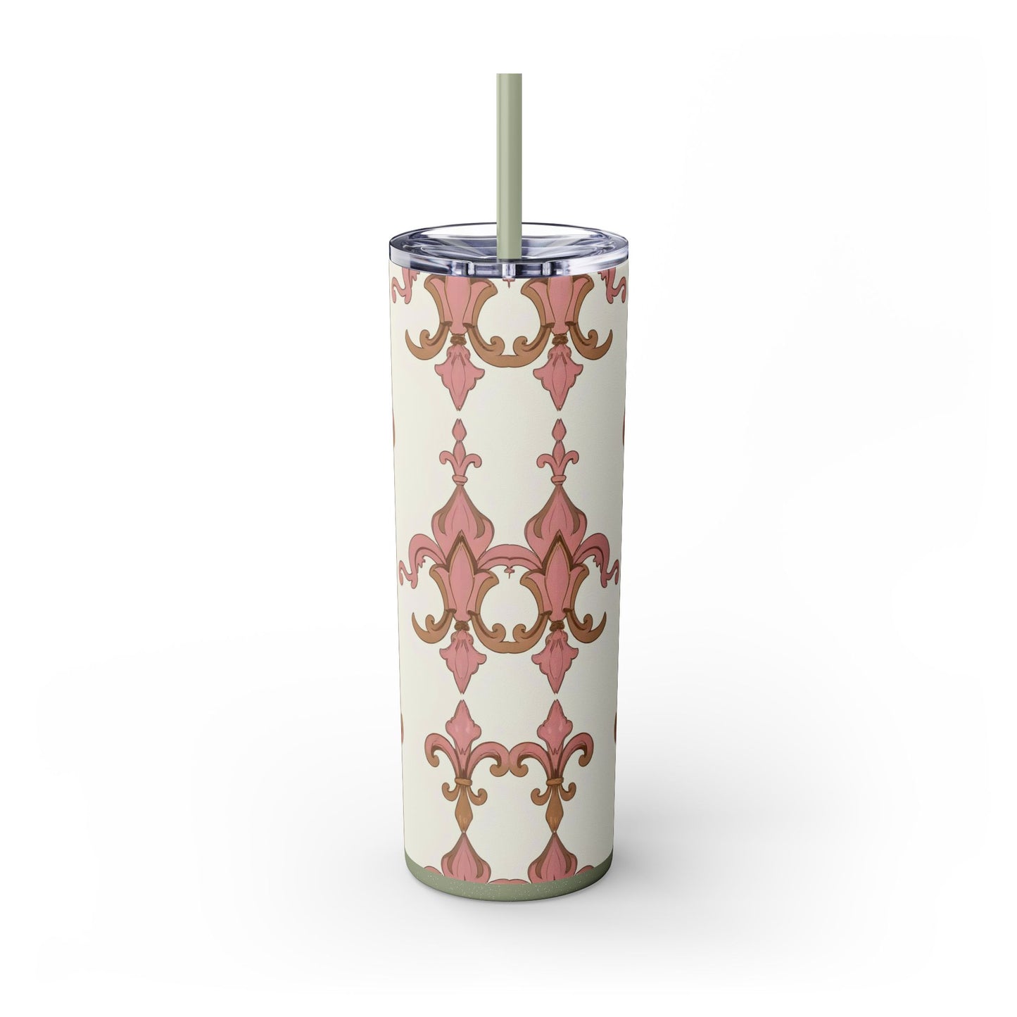 Elegant Floral Skinny Tumbler, 20oz Drinkware, Stylish Travel Mug, Wedding Gift, Personalized Gift, Eco-Friendly Cup - Brown Striped Pink Arabesque