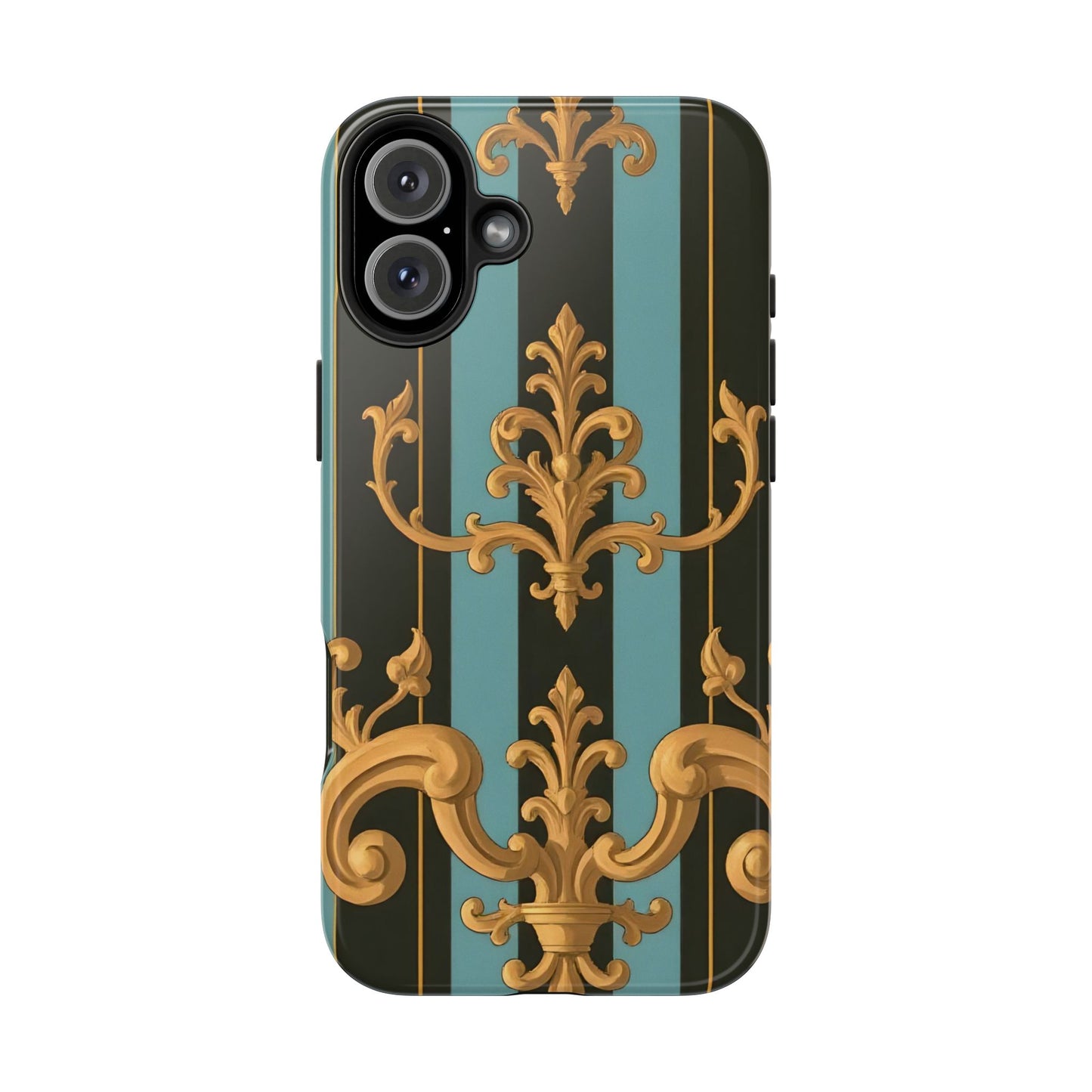 Elegant Baroque Tough Phone Case, Stylish Phone Cover, Durable iPhone Case, Unique Gift - Black & Turquoise Striped Baroque