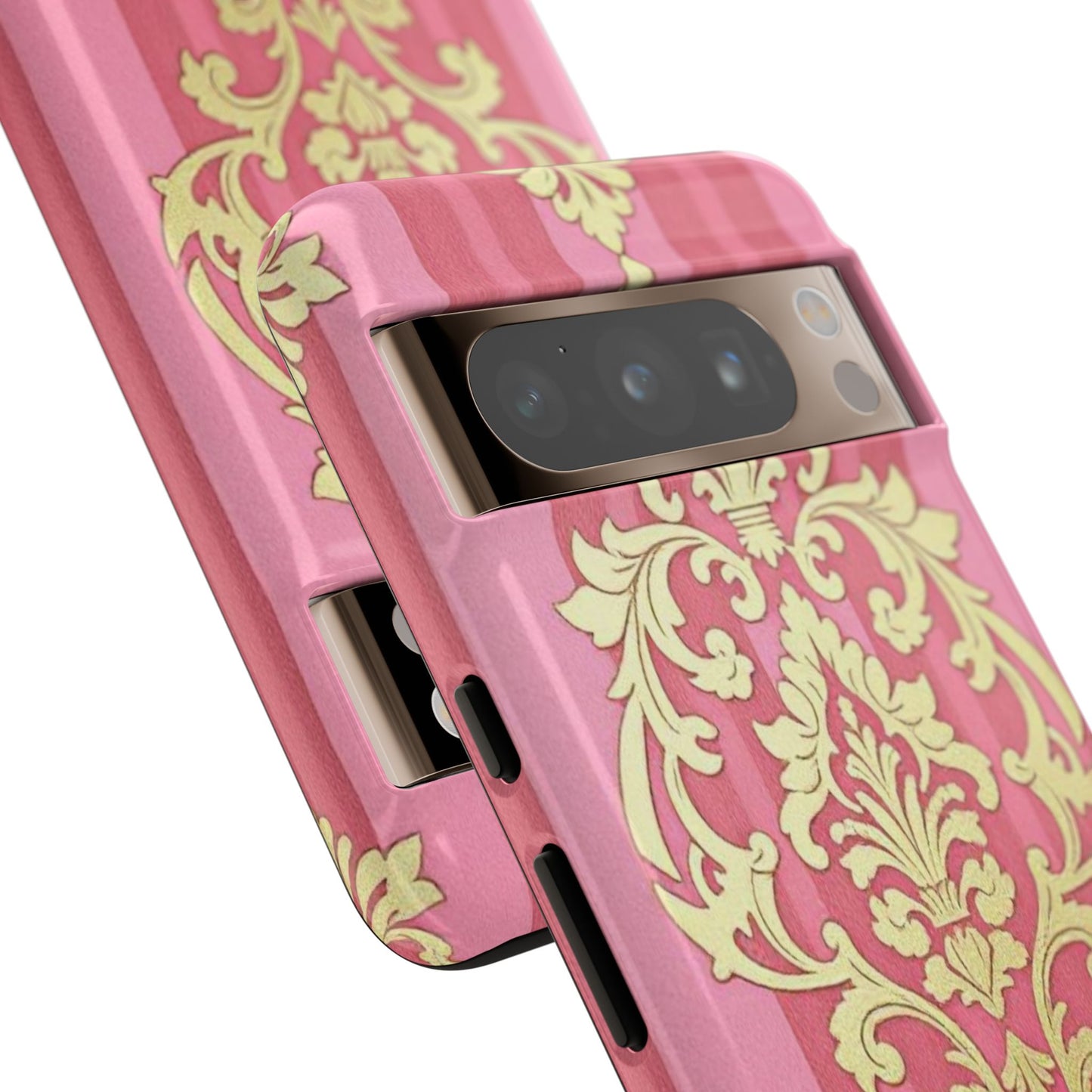 Elegant Floral Motif Phone Case - Tough Cases with Vintage Design - Pink Striped Damask