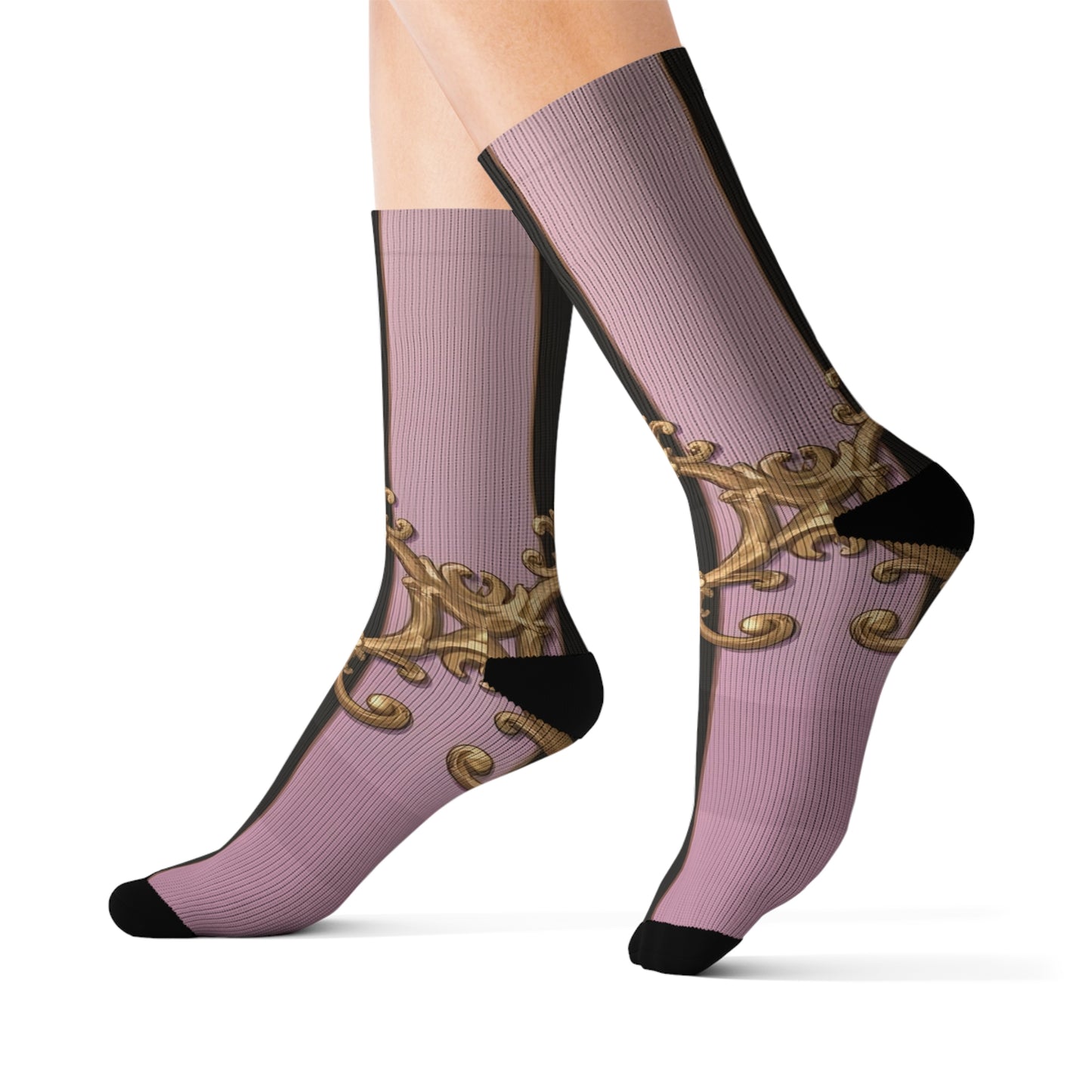 Chic Floral Sublimation Socks for Fashion Lovers, Cute Gift for Her, Trendy Footwear, Stylish Accessories - Matte Lavender & Black Striped Gold Baroque