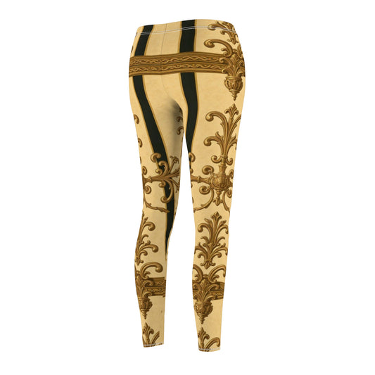 Elegant Gold Baroque Print Women's Leggings, Chic Activewear, Stylish Loungewear, Unique Workout Pants - Matte Yellow Striped Antique Rococo