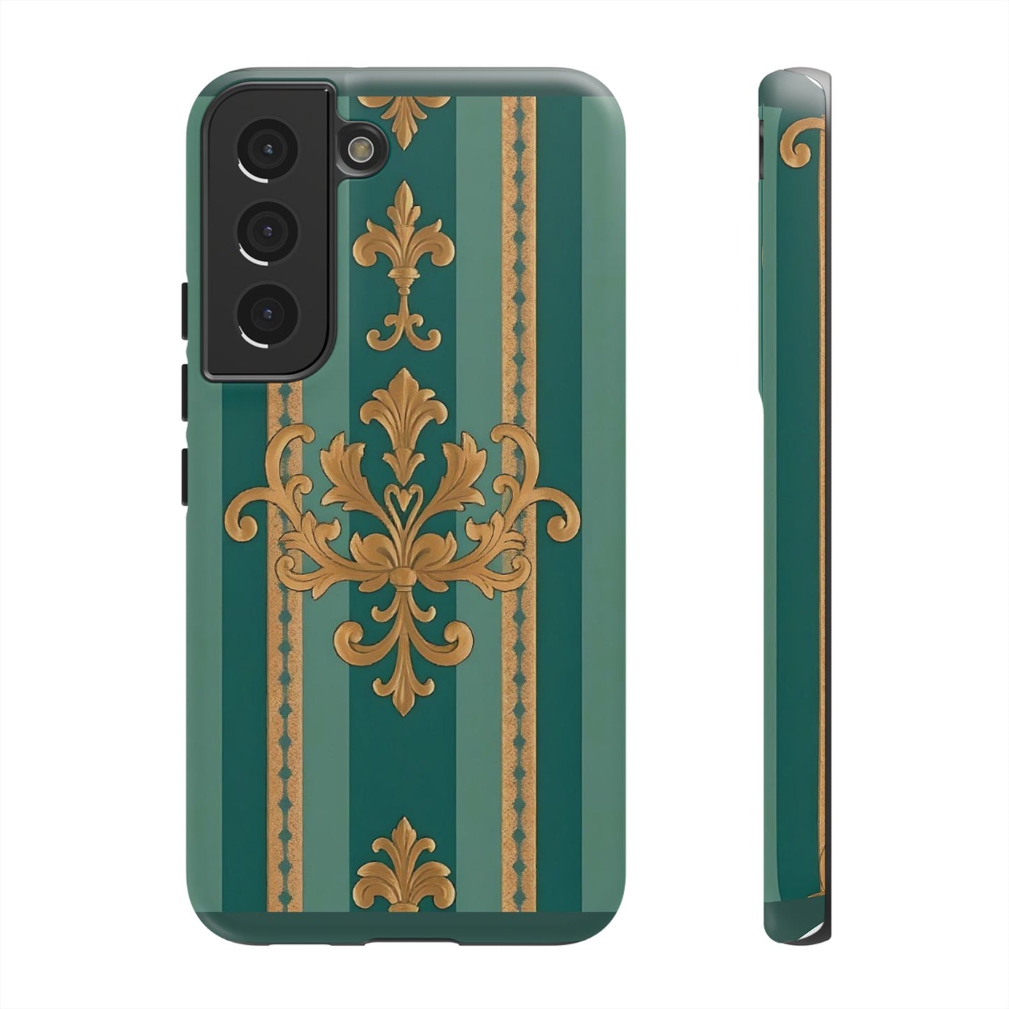Elegant Floral Motif Phone Case - Tough Cases with Vintage Design - Teal Striped Gold Damask