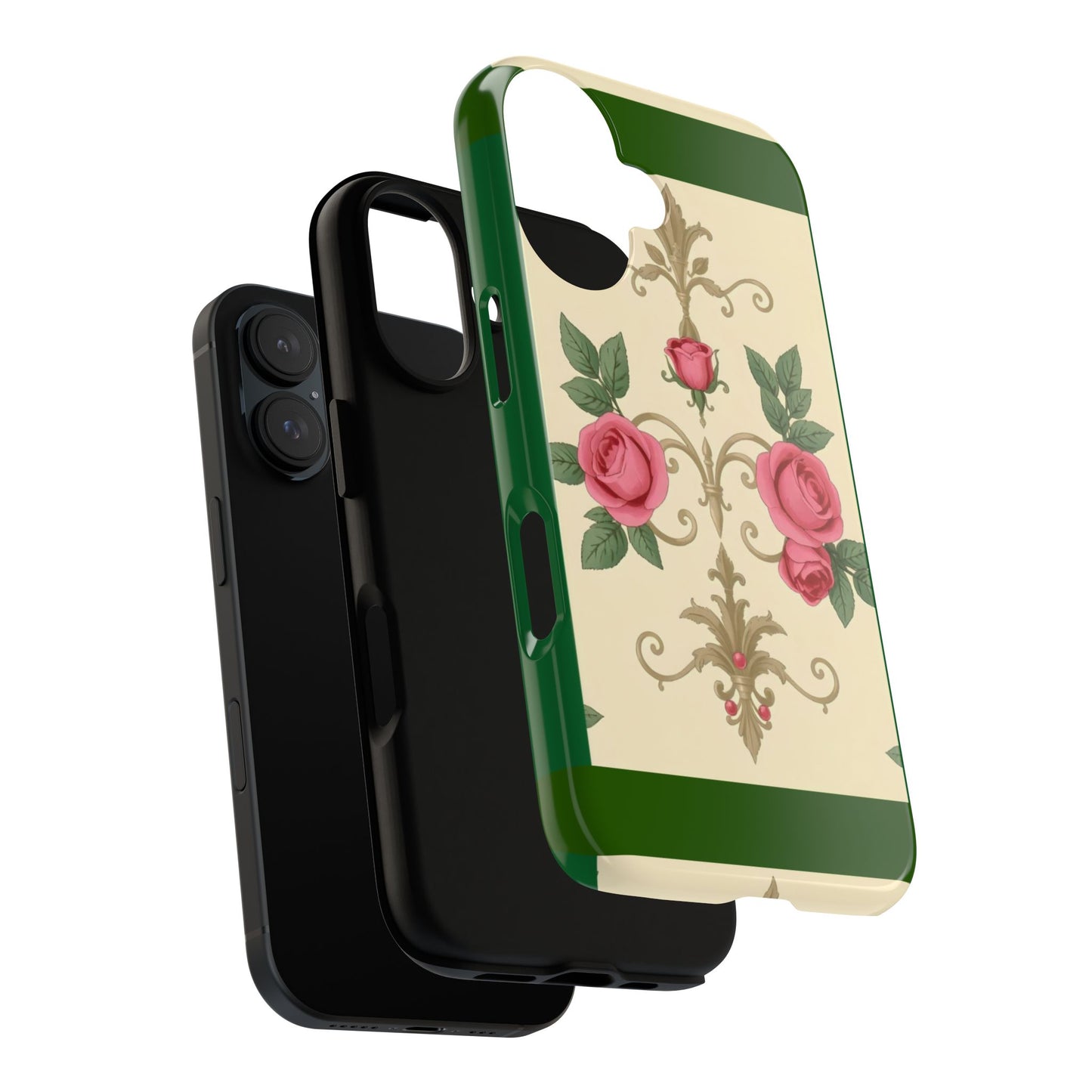 Elegant Floral Motif Phone Case - Tough Cases with Vintage Design - Green Border Roses & Damask