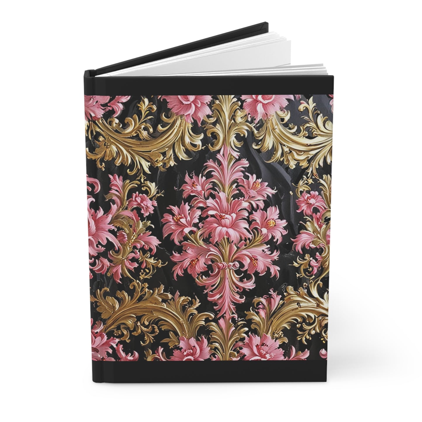 Elegant Floral Hardcover Journal, Stylish Notebook, Gift for Writers, Journal for Thoughts - Black & Pink Oil Painting Style Rococo