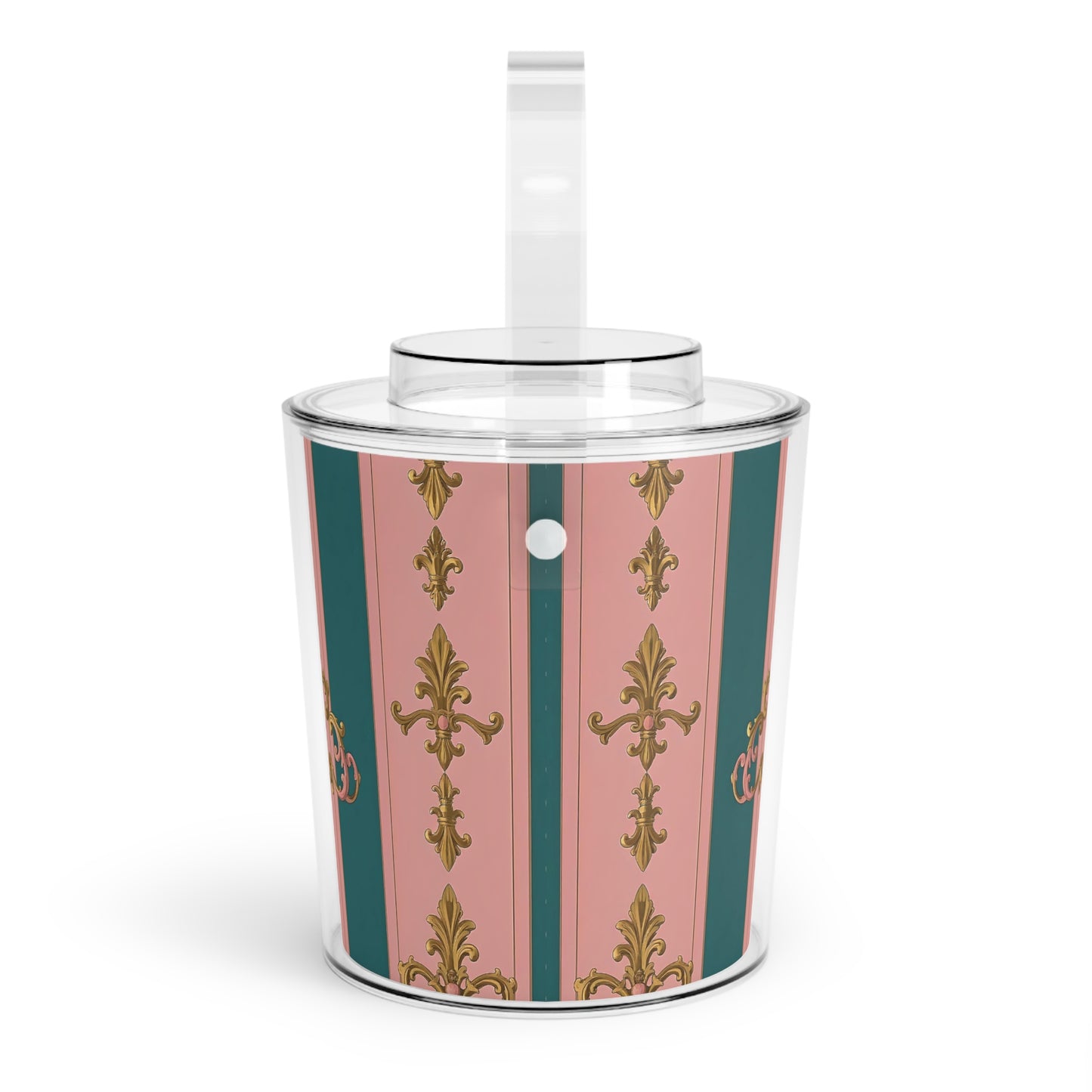 Elegant Ice Bucket with Tongs, Glamorous Party Accessory, Home Bar Essentials, Perfect for Weddings - Pink & Teal Striped Gold Baroque