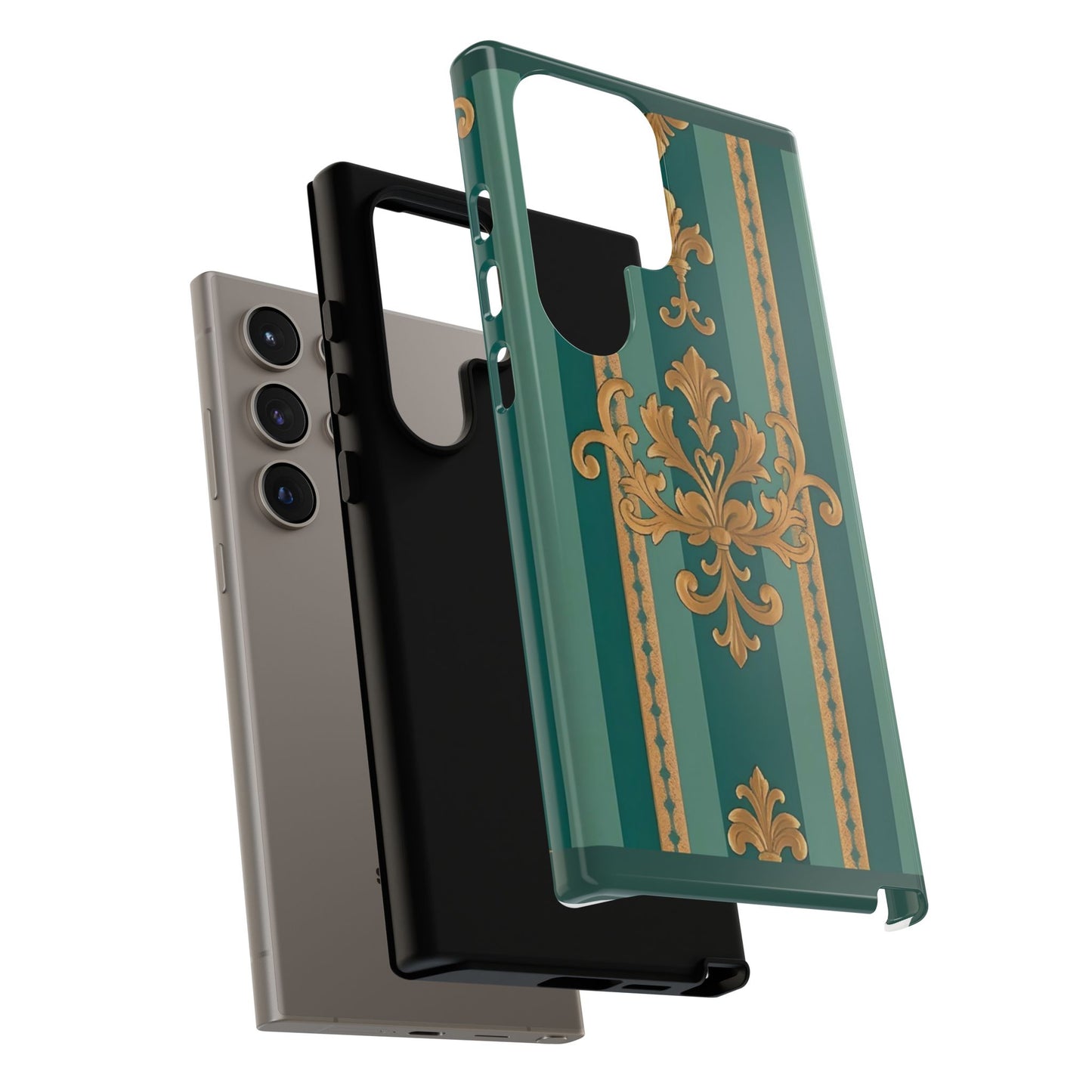 Elegant Floral Motif Phone Case - Tough Cases with Vintage Design - Teal Striped Gold Damask