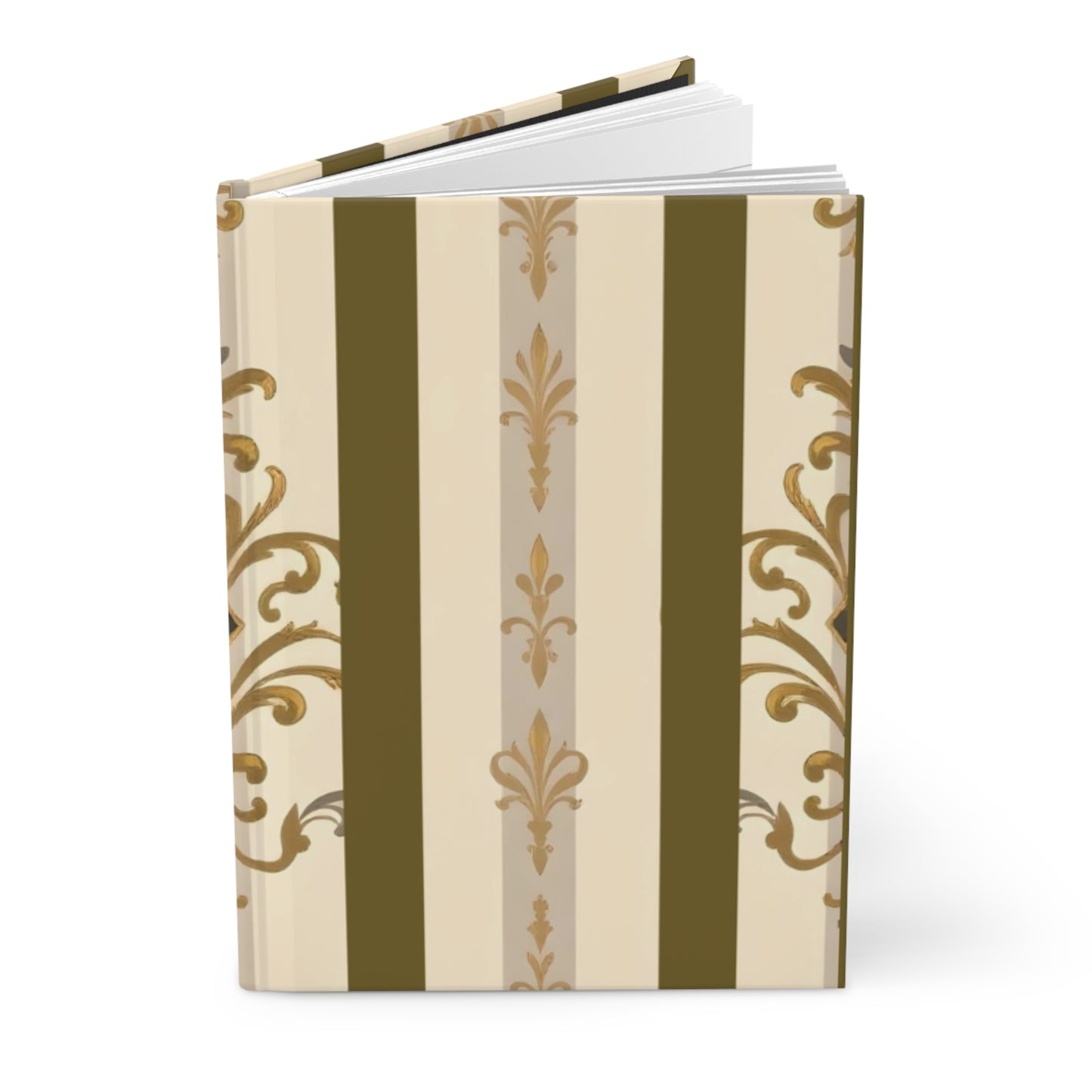 Elegant Floral Motif Hardcover Journal - Stylish Writing Notebook - Olive Striped Gold Damask