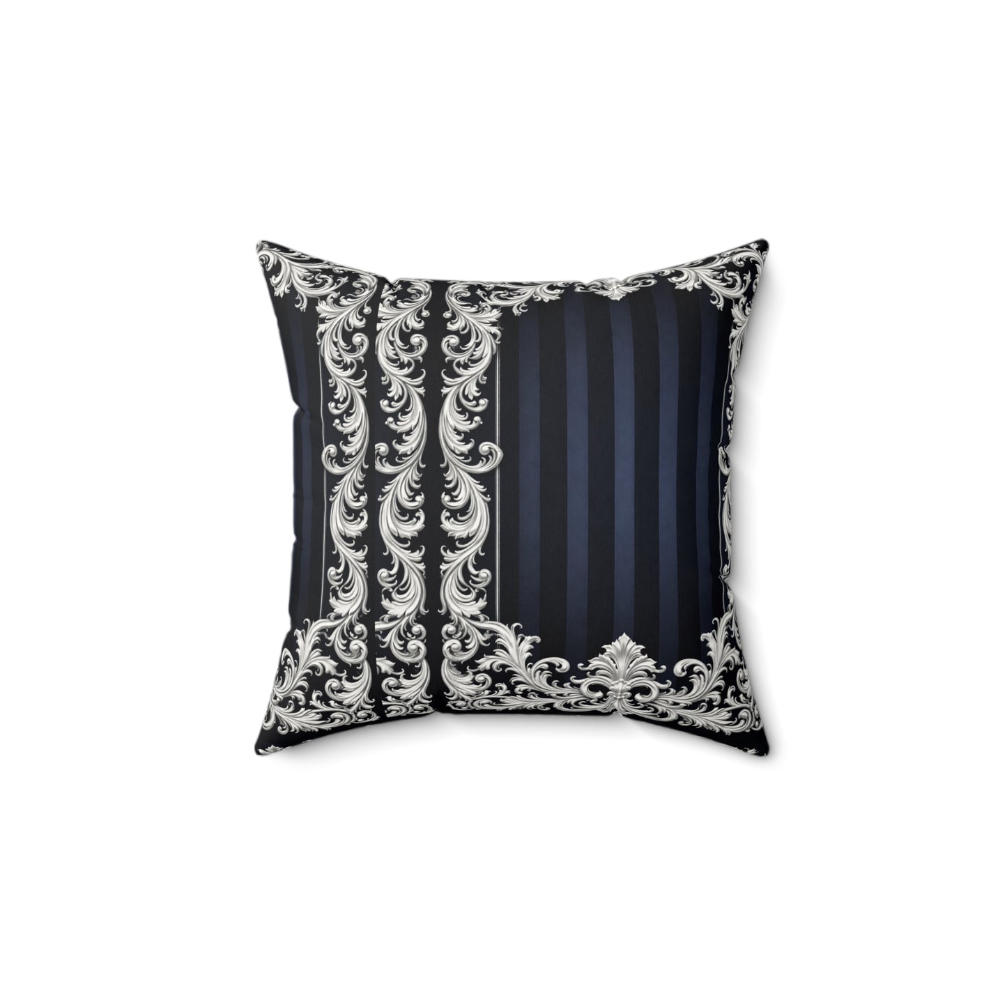 Navy Stripes & Baroque Suede Pillow — Decorative Square Throw Pillow with Ornate Silver Frame