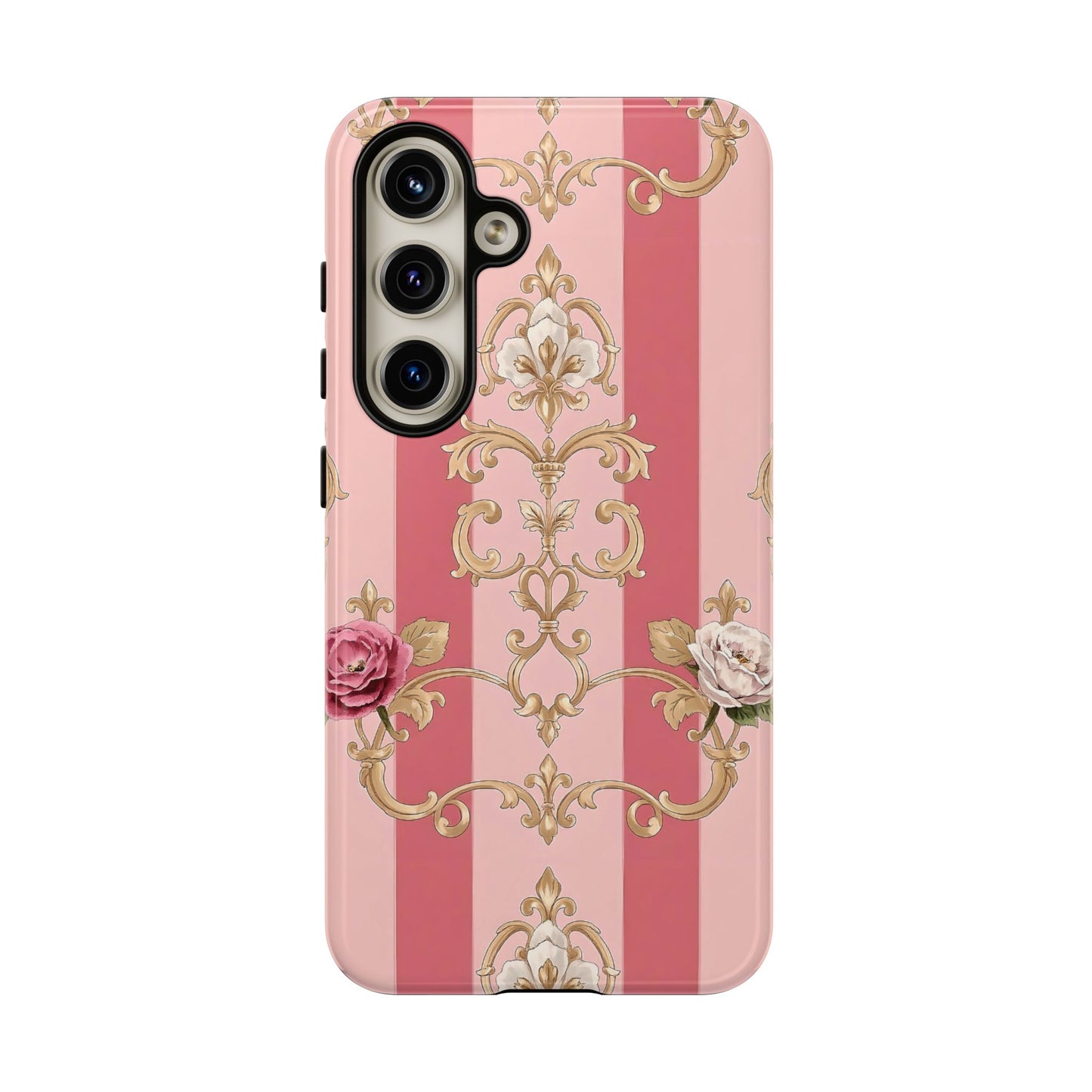 Elegant Floral Motif Phone Case - Tough Cases with Vintage Design - Pink Striped Roses & Damask