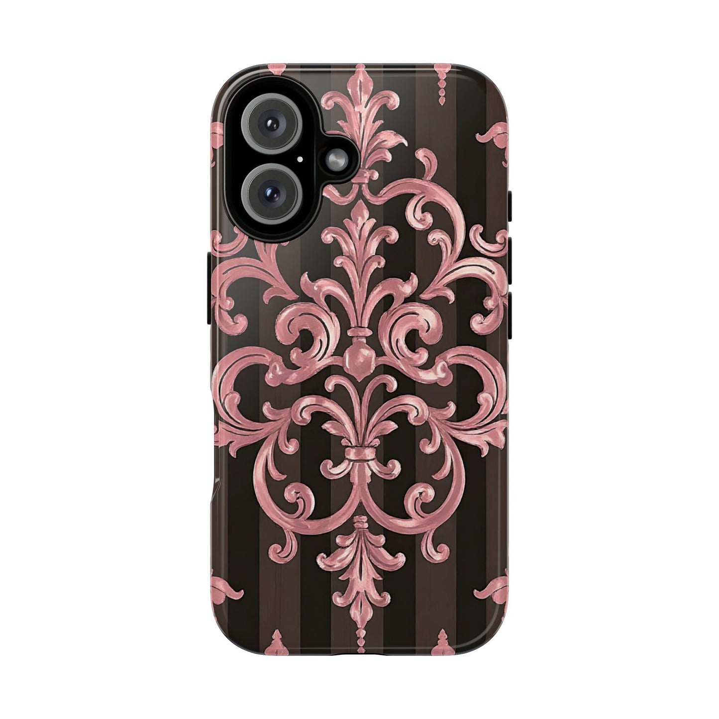 Elegant Floral Motif Phone Case - Tough Cases with Vintage Design - Brown Striped Mauve Damask