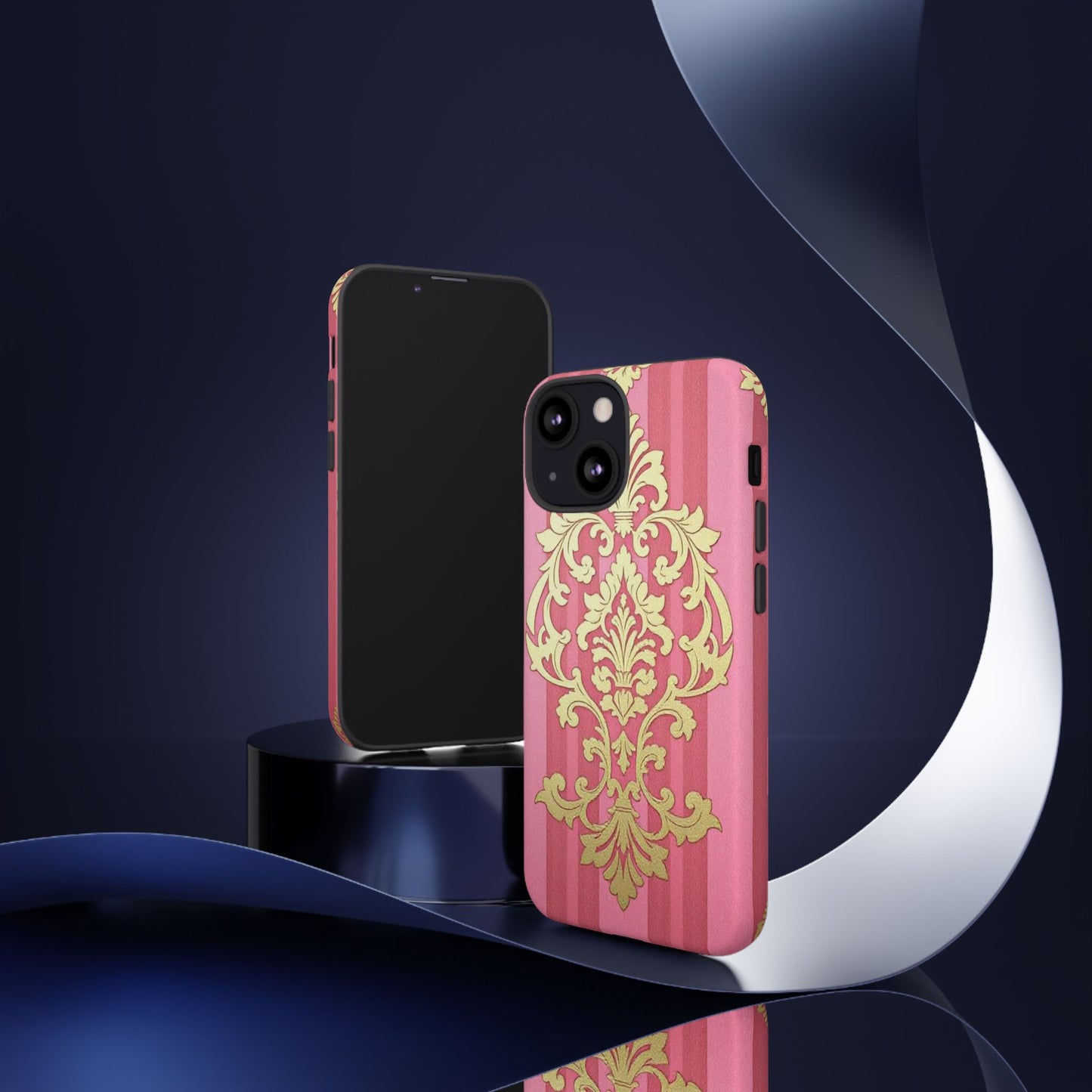 Elegant Floral Motif Phone Case - Tough Cases with Vintage Design - Pink Striped Damask
