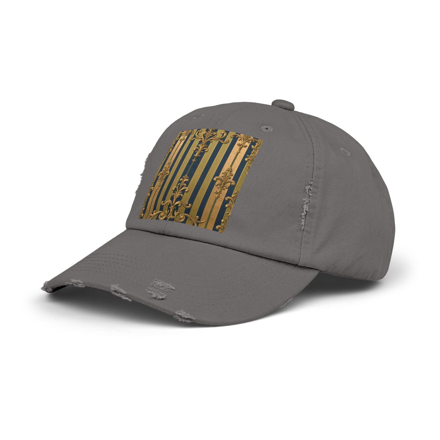 Stylish Midnight Blue & Olive Striped Gold Baroque Unisex Distressed Cap with Elegant Gold Accent, Fashionable Hat for Casual Days, Gift for Birthdays