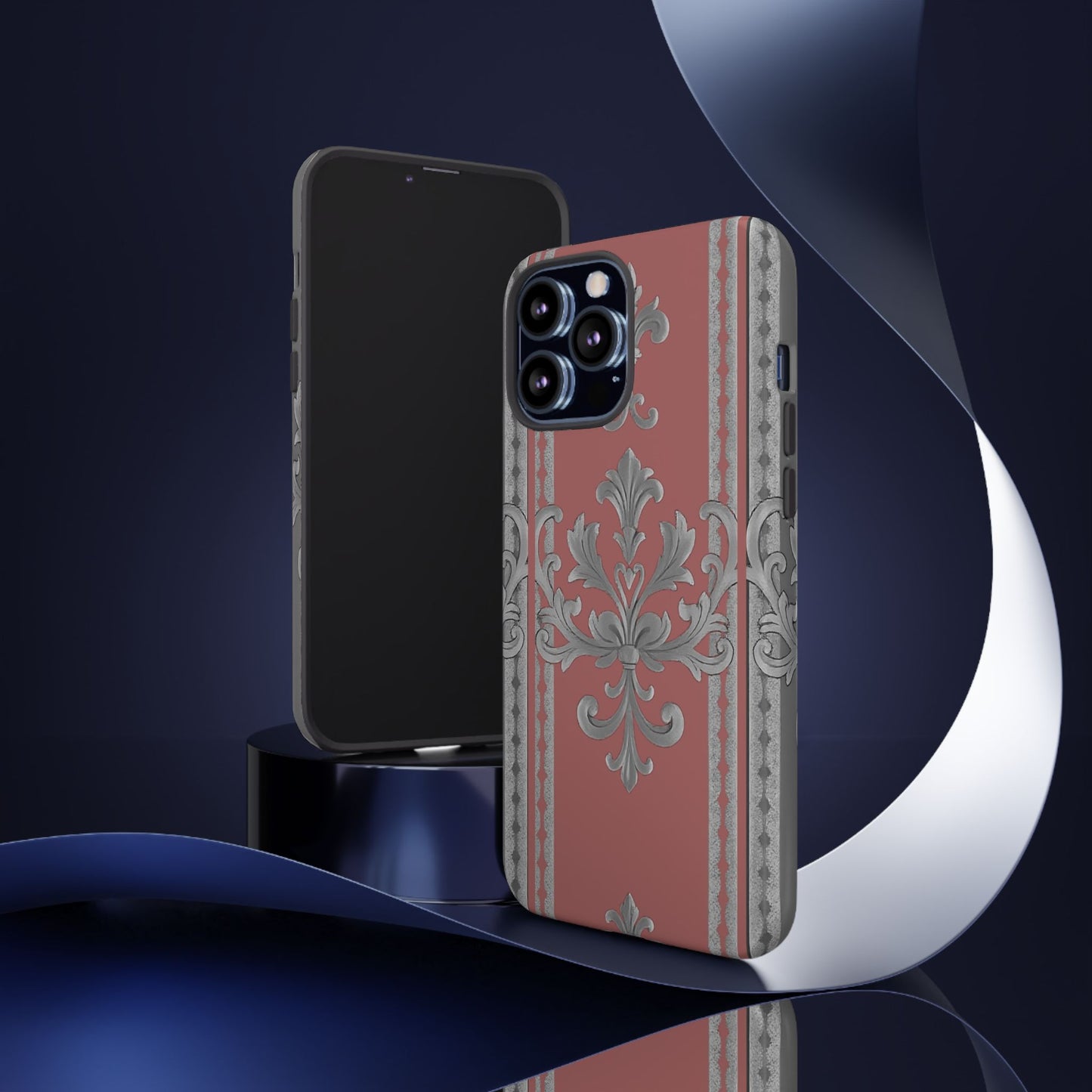 Elegant Floral Phone Case - Tough Cases for Stylish Protection - Gray & Mauve Striped Baroque