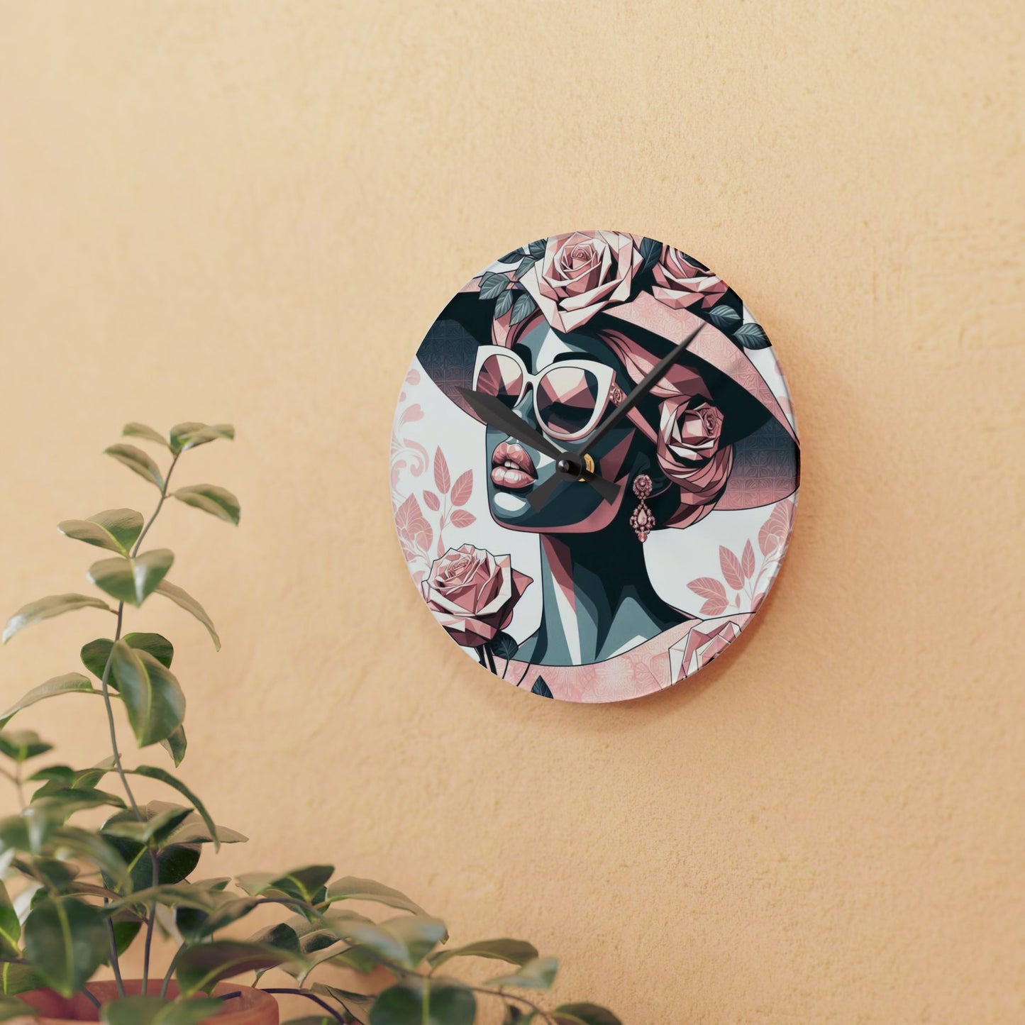Elegant Floral Acrylic Wall Clock | Home Decor, Living Room Accent, Gift for Her, Art Clock, Modern Design - Pink & Matte Teal Lady