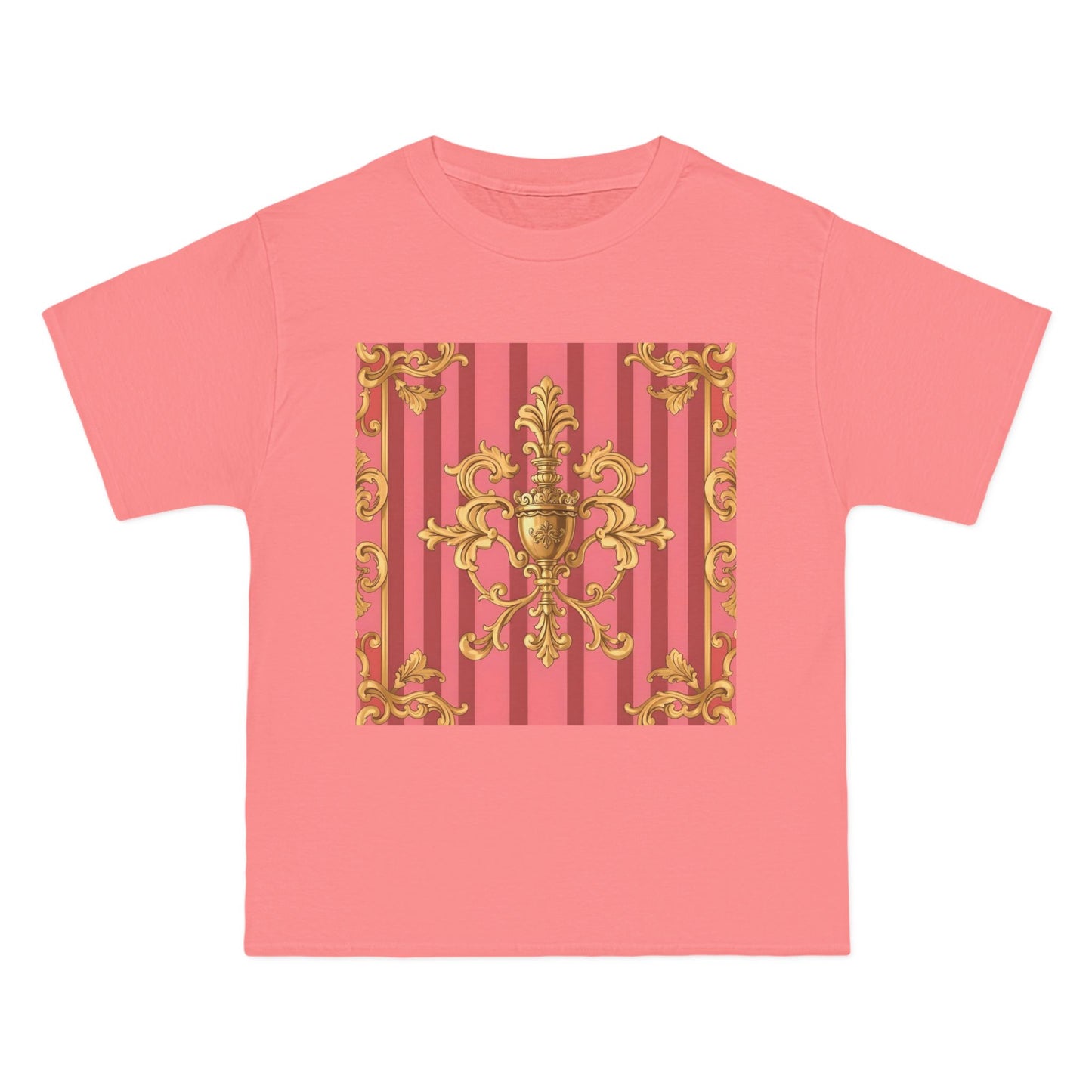 Chic Vintage Style Short-Sleeve T-Shirt - Elegant Baroque Design | Fashion Top, Gift for Her, Casual Wear - Pink Striped Gold Baroque