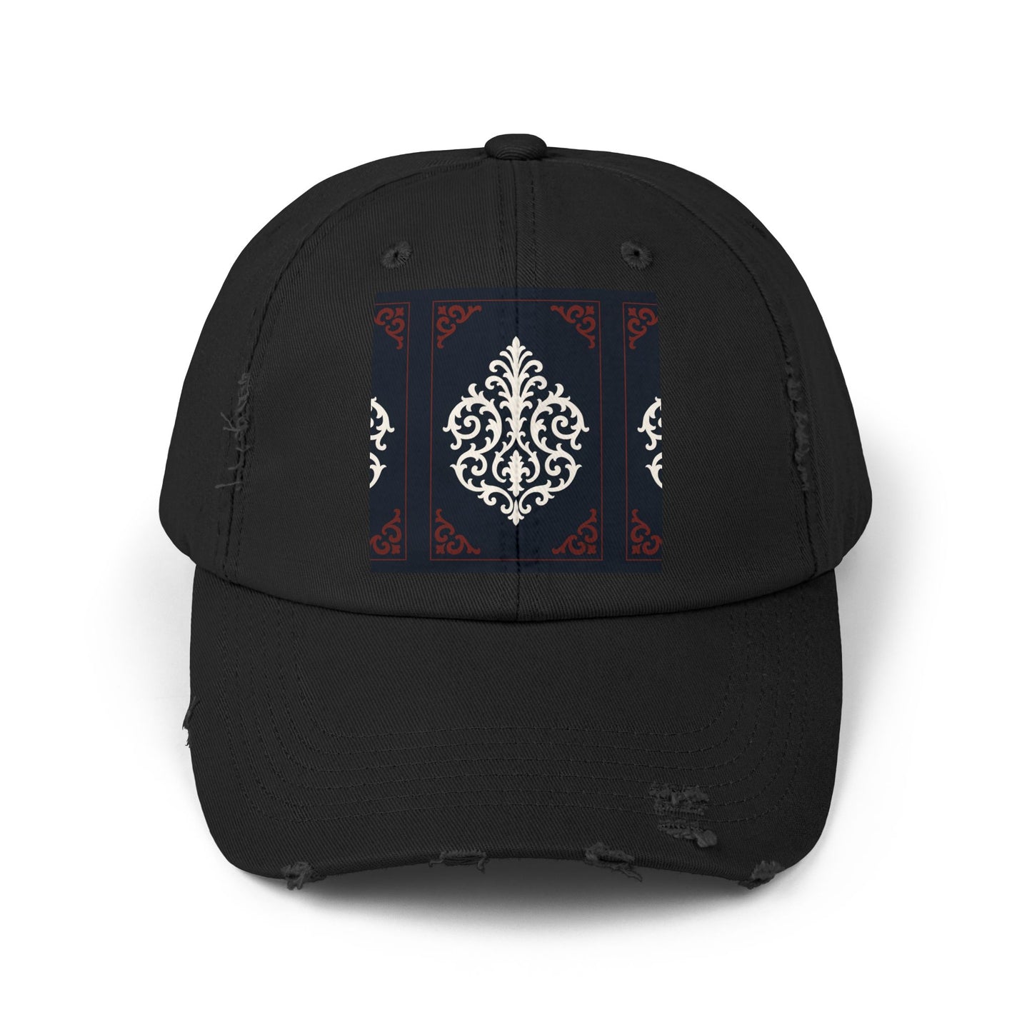 Dusk Blue & Maroon-White Baroque Distressed Cap with Ornamental Medallion Patch