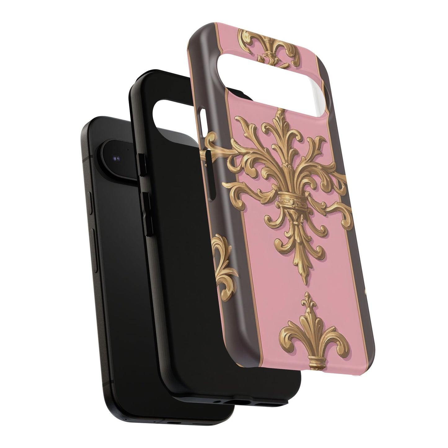 Elegant Floral Motif Phone Case - Tough Cases with Vintage Design - Pink & Brown Striped Gold Damask