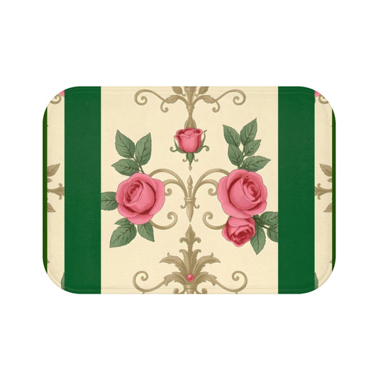 Elegant Vintage Bath Mat with Ornate Design for Luxurious Home Decor - Green Border Roses & Damask