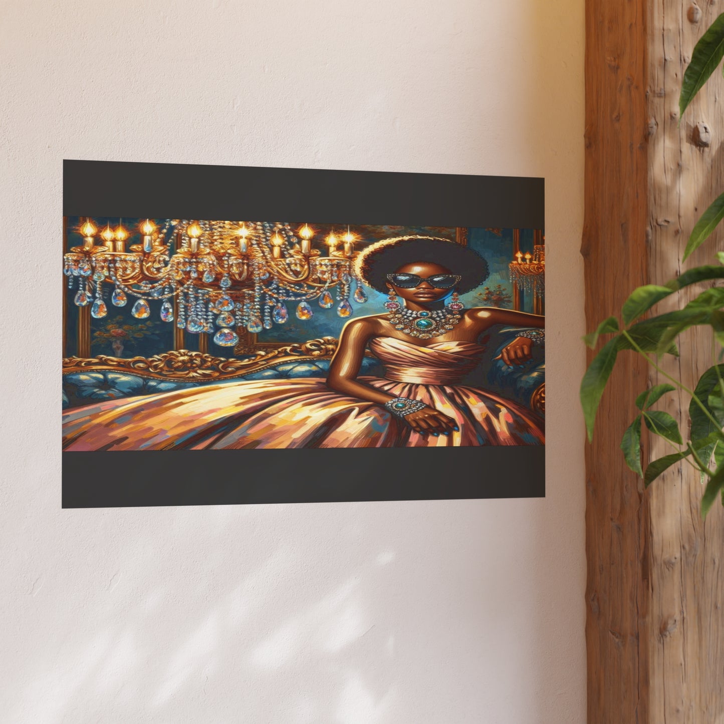Elegant Glamour Satin Poster, Wall Art Decor, Modern Home Gallery, Gift for Art Lovers, Chic Interior Decoration - Elegant Lady & Chandelier