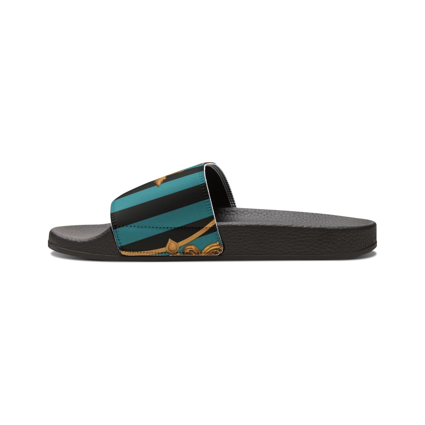 Stylish Turquoise & Black Striped Gold Baroque Removable-Strap Sandals with Elegant Design, Fashion Footwear for Summer, Beach, Vacation