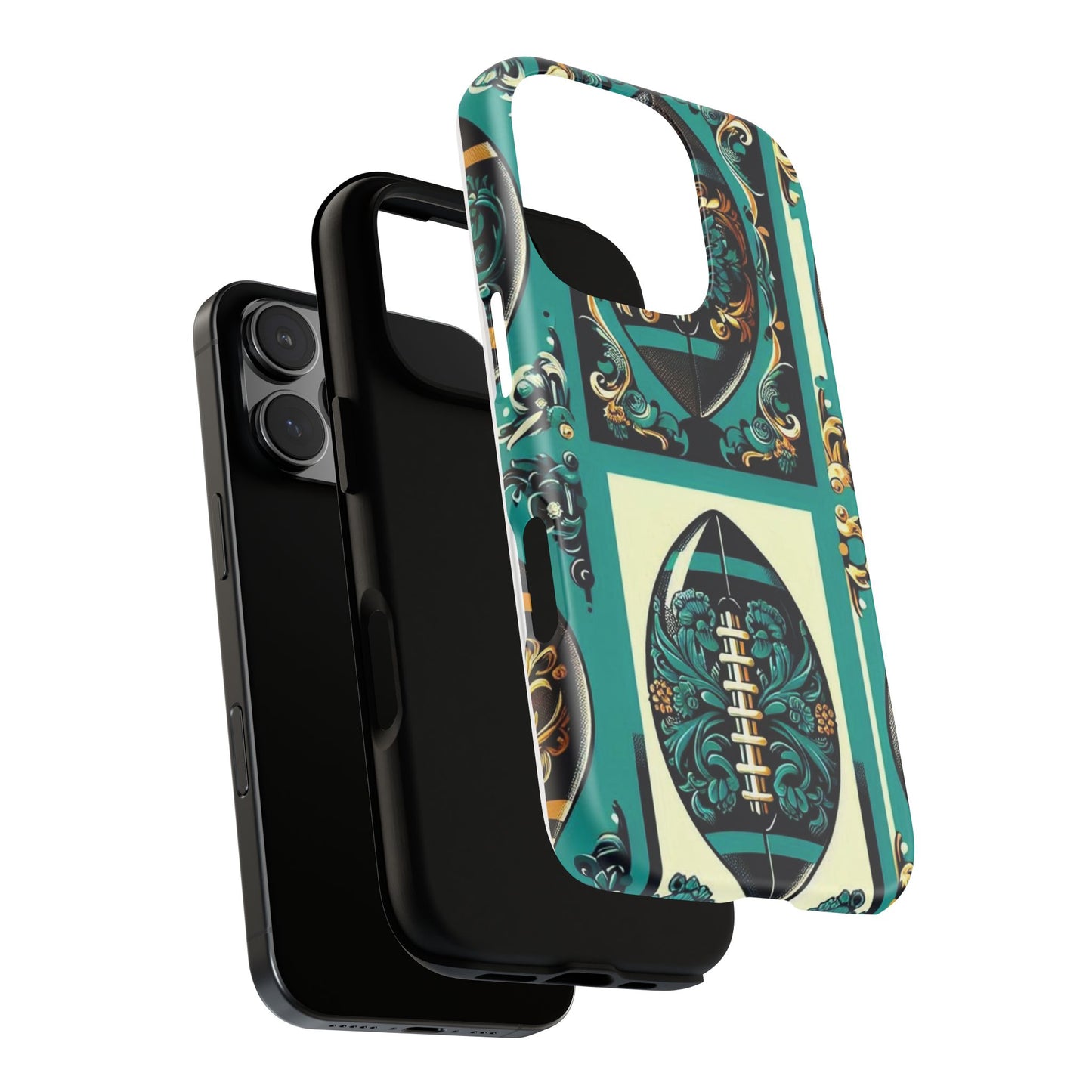 Elegant Floral Motif Phone Case - Tough Cases with Vintage Design -  Damask Teal, Gold & Black Footballs
