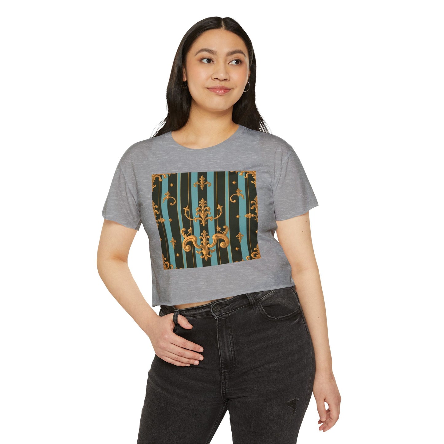 Boho Festival Crop Top, Trendy Summer Top, Stylish Women’s Crop Tee, Perfect for Music Festivals, Casual Wear - Black & Turquoise Striped Baroque