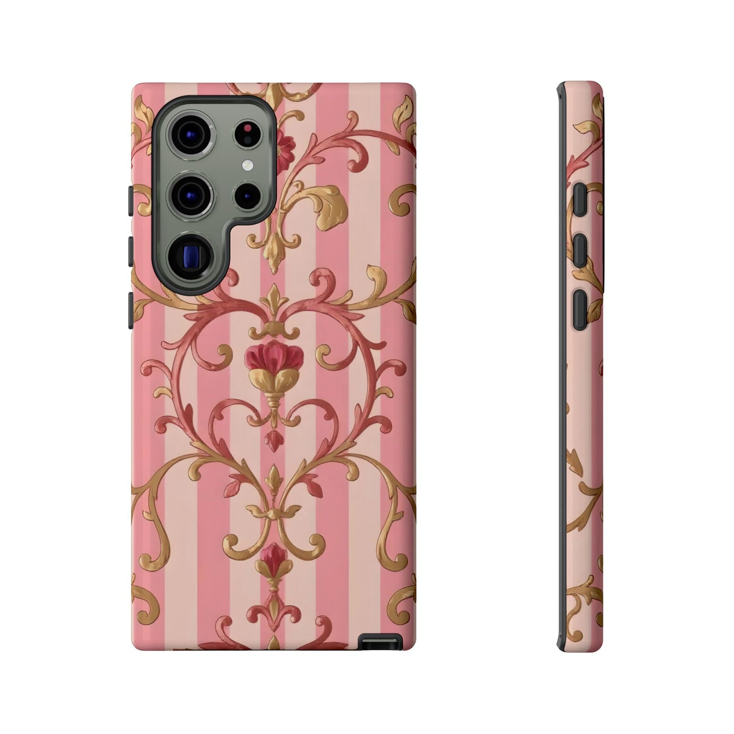 Elegant Floral Motif Phone Case - Tough Cases with Vintage Design - Pink Striped Rose Gold Damask