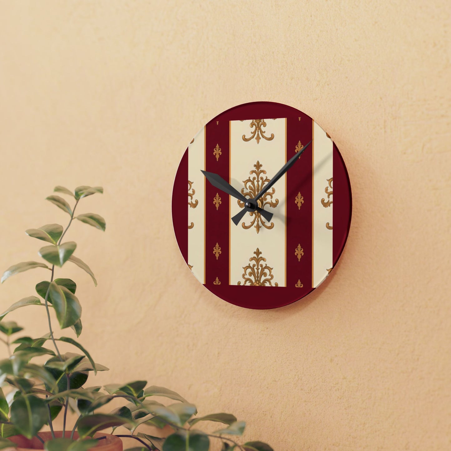 Bohemian Damask-Inspired Acrylic Wall Clock with Floral Design - Dusk Red Striped Gold Damask