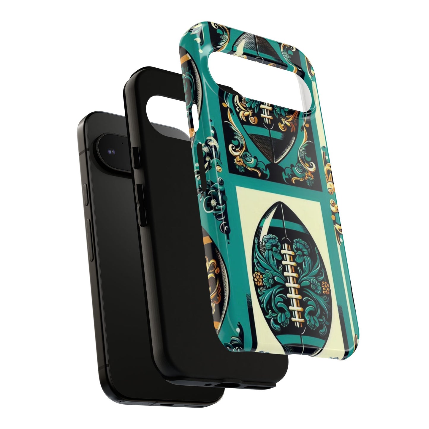Elegant Floral Motif Phone Case - Tough Cases with Vintage Design -  Damask Teal, Gold & Black Footballs
