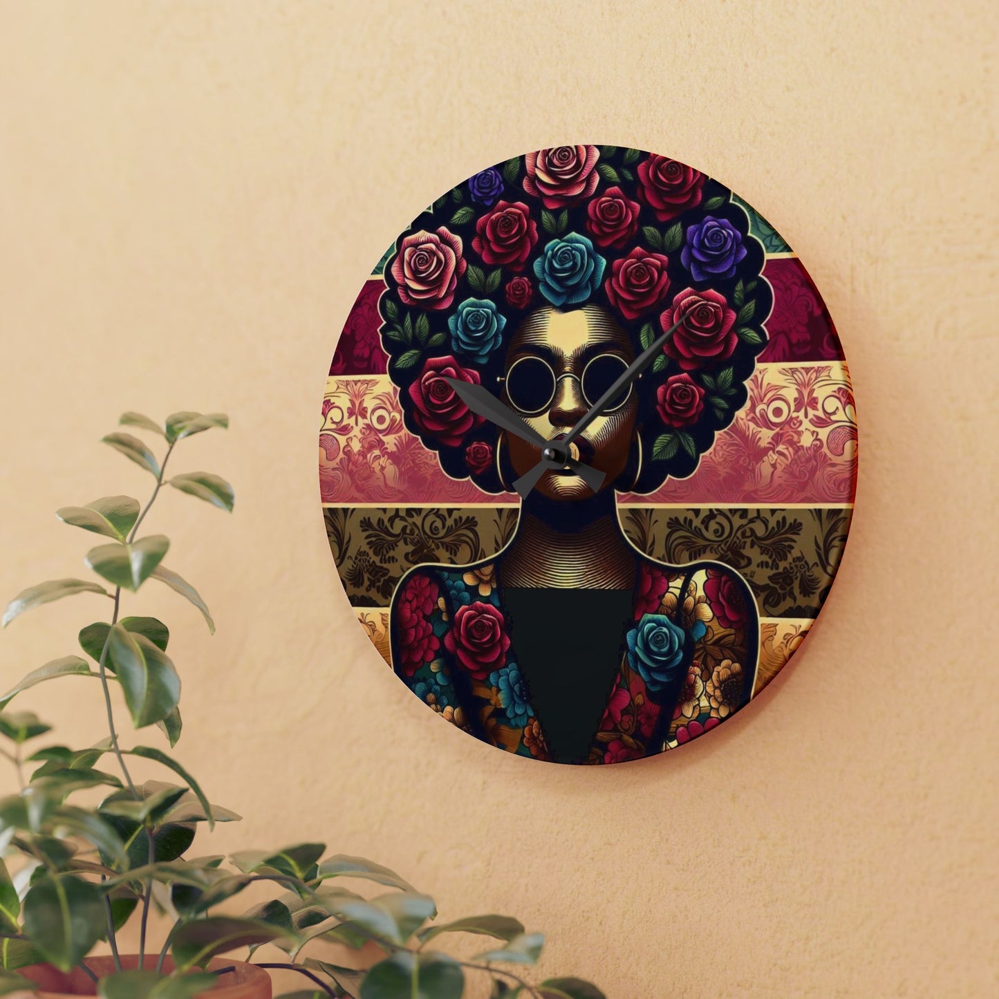 Bohemian Afro-Inspired Acrylic Wall Clock with Floral Design - Lady In Damask & Roses Design