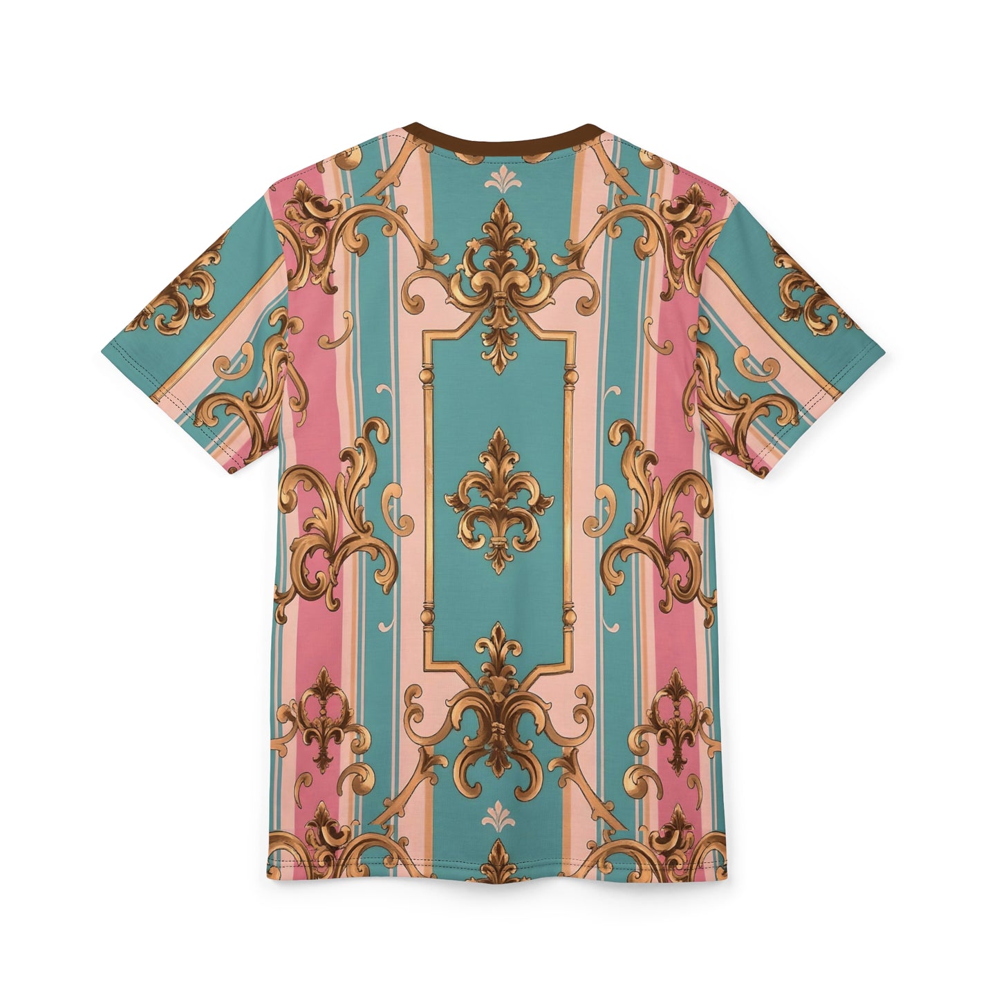 Rococo Style Unisex Cut & Sew Tee, Trendy AOP T-Shirt, Unique Graphic Tee, Fashion Statement - Pink & Matte Turquoise Striped Rococo