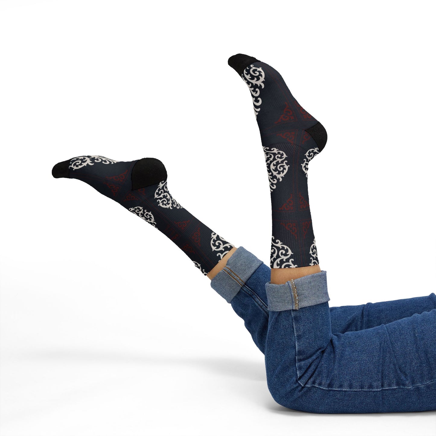 Dusk Blue-Maroon & White Baroque Pattern Sublimation Socks — Dusk Blue & White Ornate Crew Socks