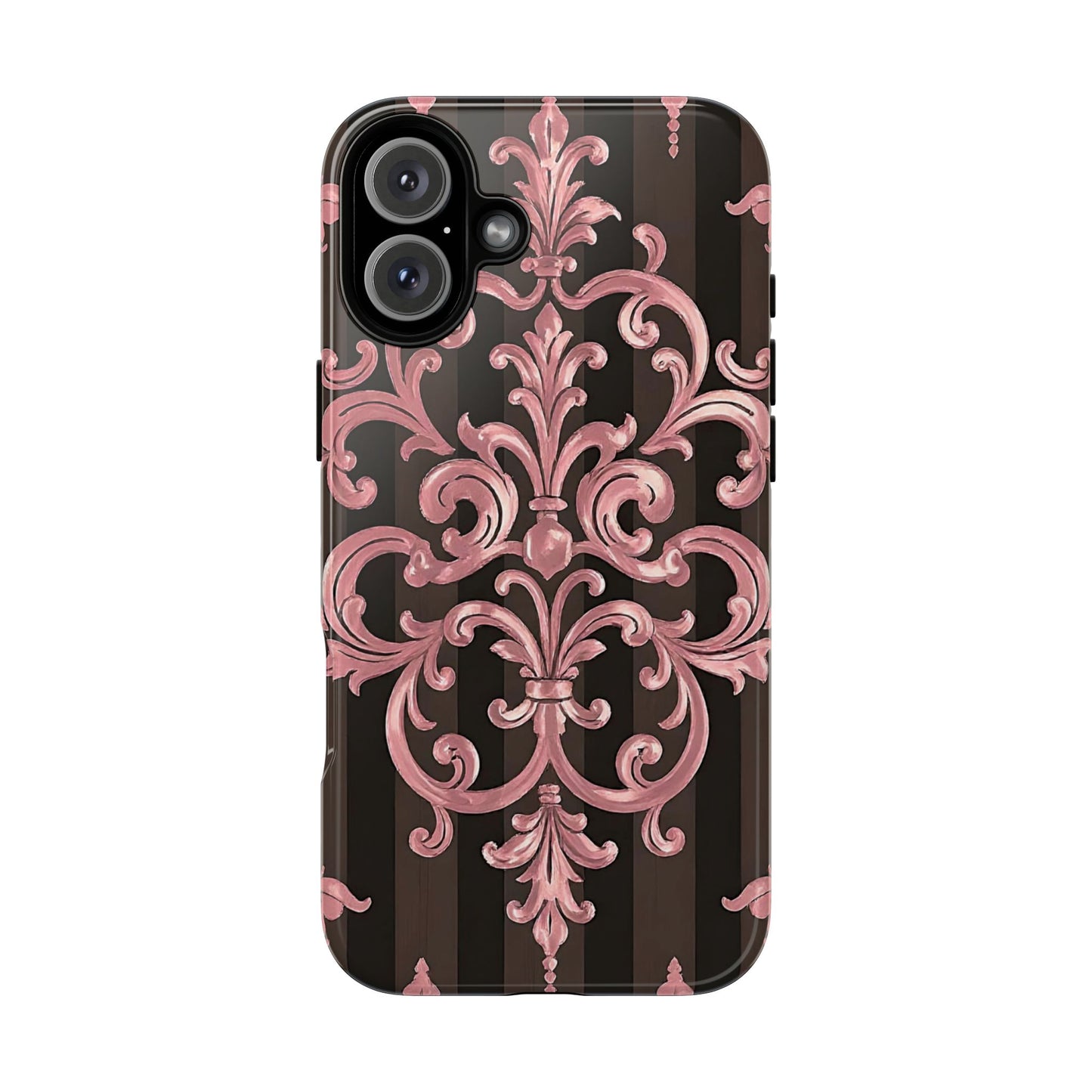 Elegant Floral Motif Phone Case - Tough Cases with Vintage Design - Brown Striped Mauve Damask