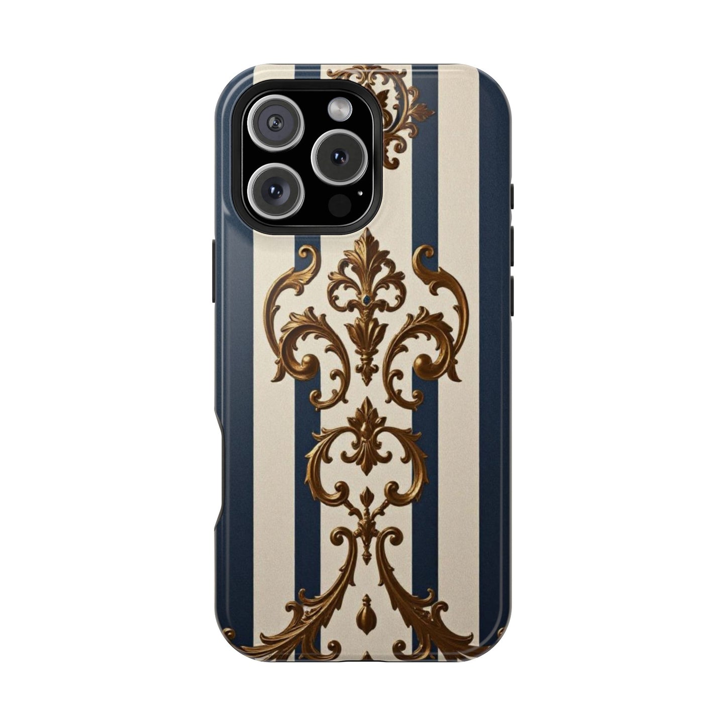 Elegant Striped Magnetic Tough Case - Classic Blue and Gold Damask Design