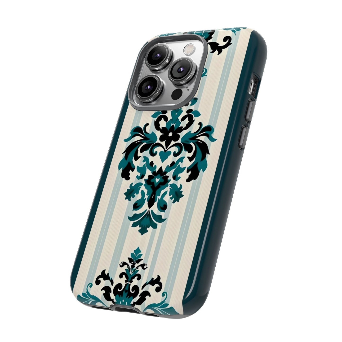 Elegant Floral Phone Case - Tough Cases with Vintage Design - Teal Striped Damask