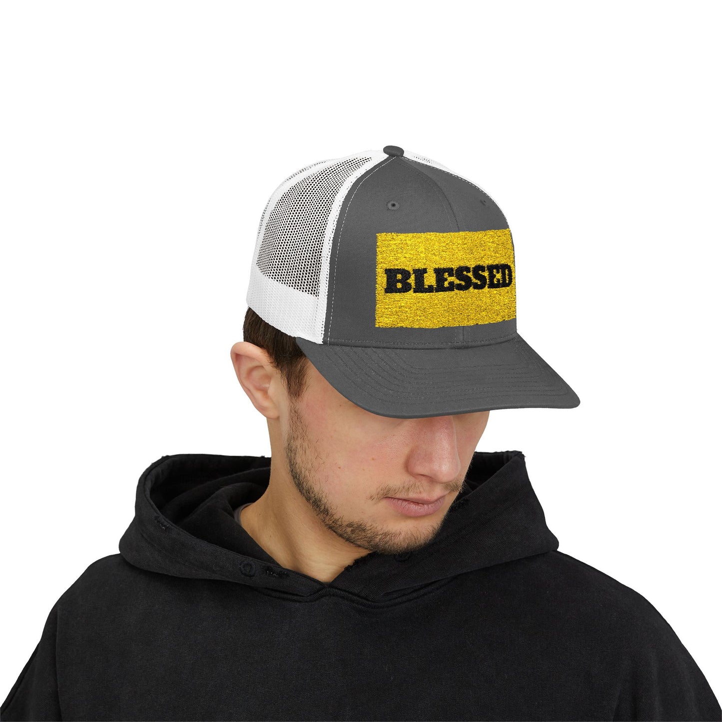 Blessed In Gold Snapback Trucker Cap for Everyday Inspiration, Faith-Based Accessory, Adjustable Hat, Gift for Friends, Motivational Cap