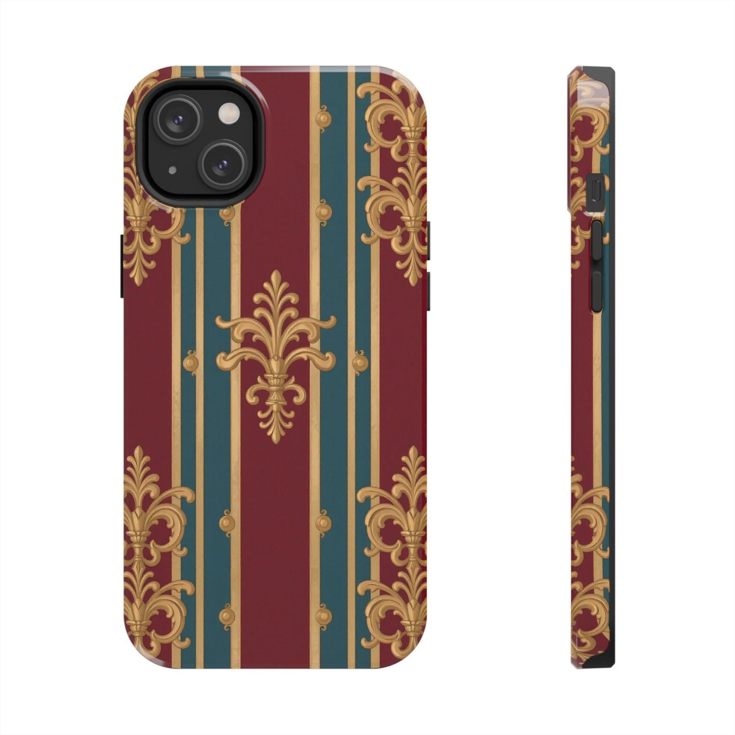 Elegant Vintage Tough Phone Case, Luxury Phone Protection, Stylish Phone Cover, Durable Phone Accessory - Burgundy Striped Gold Baroque